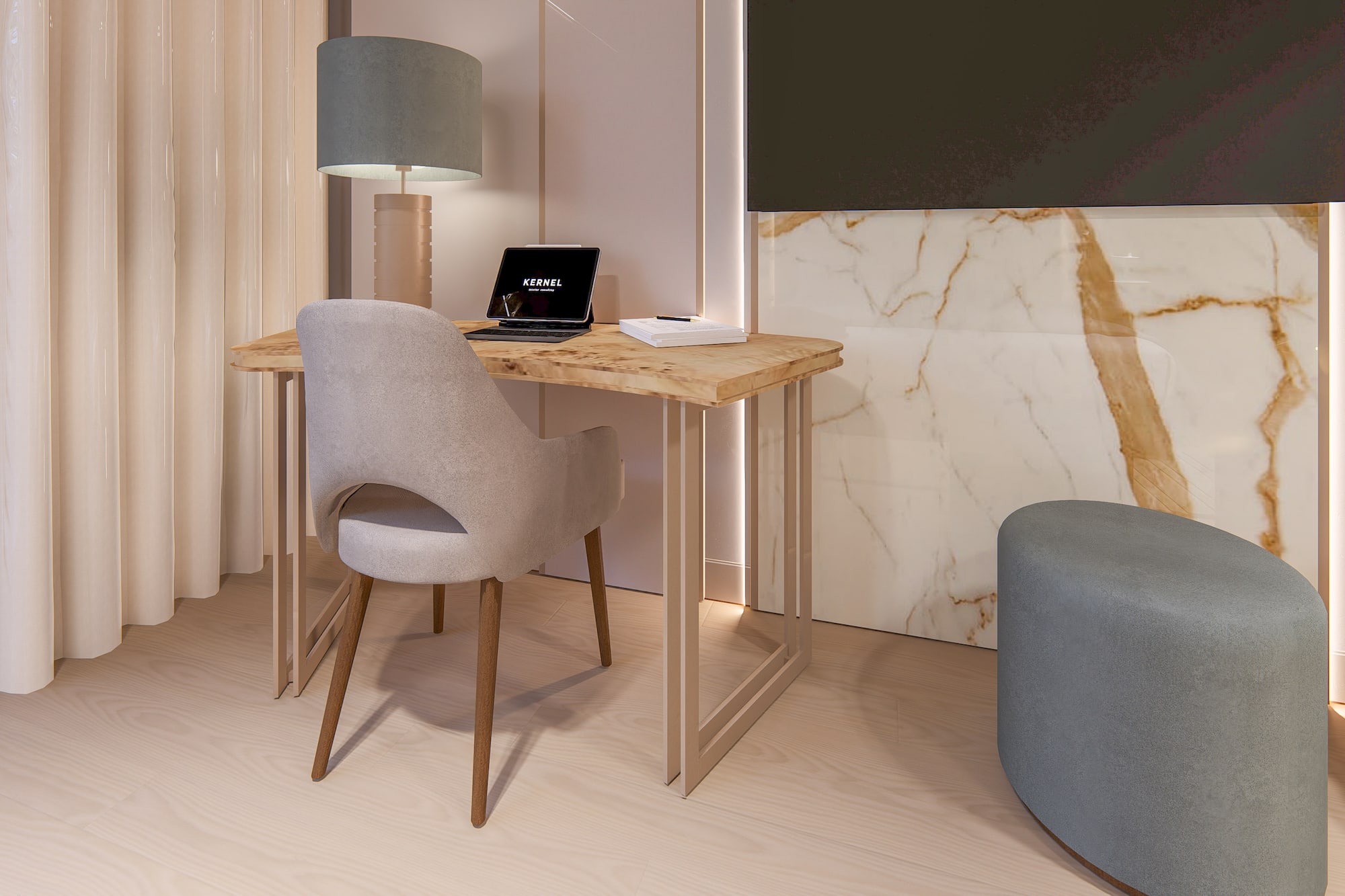 a desk with a laptop and a lamp