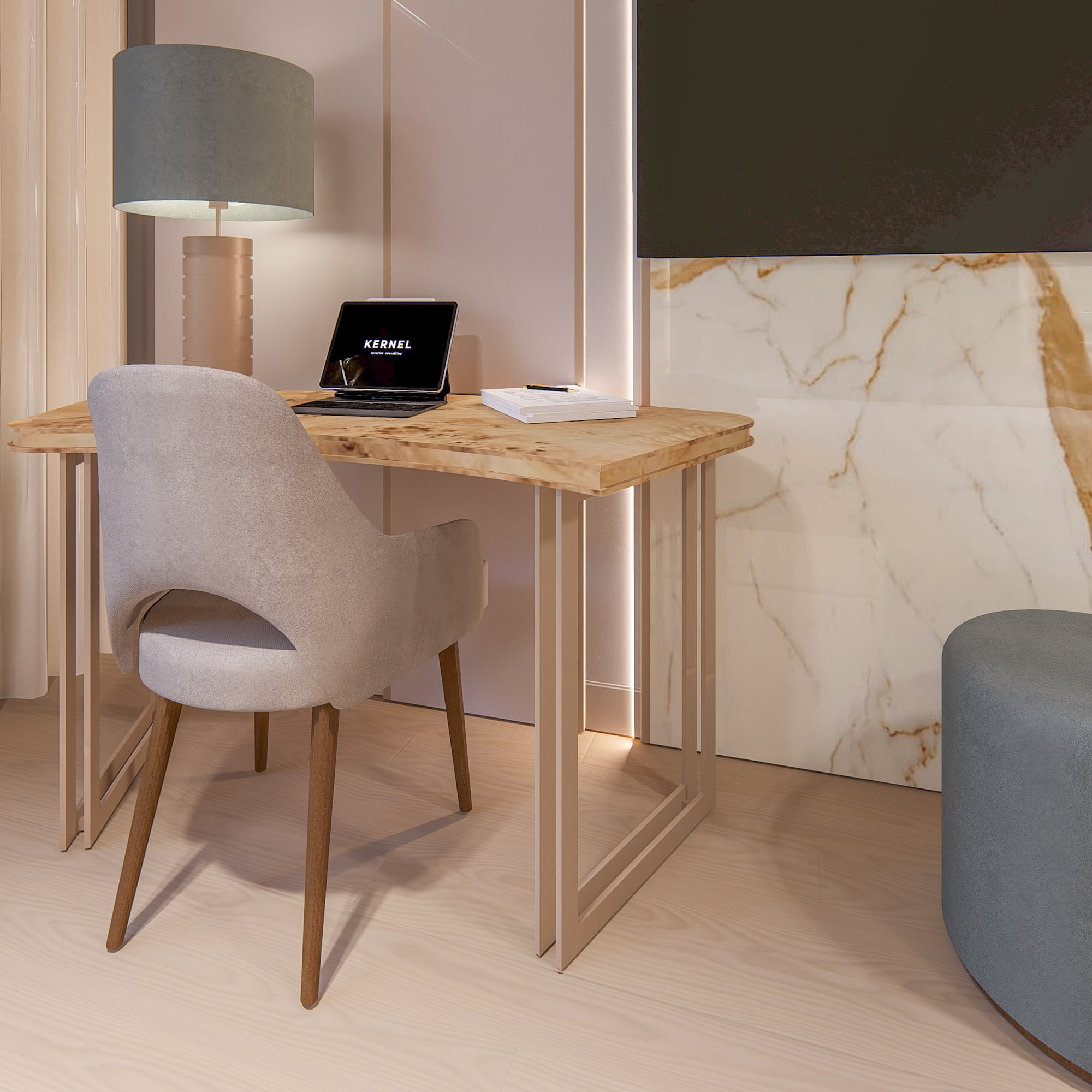 a desk with a laptop and a lamp