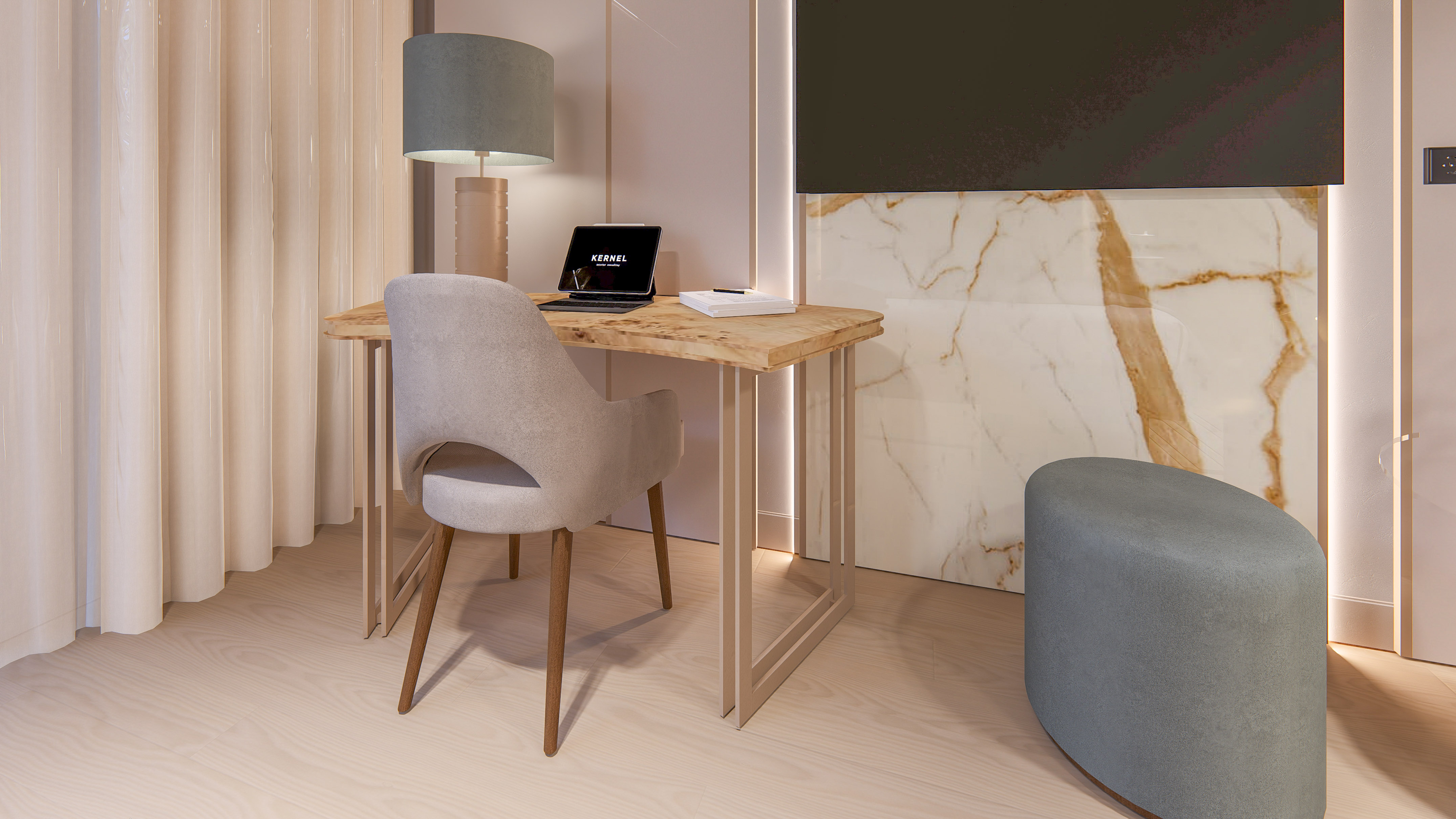 Modern home office desk, grey chair, laptop, marble wall, wood floor.