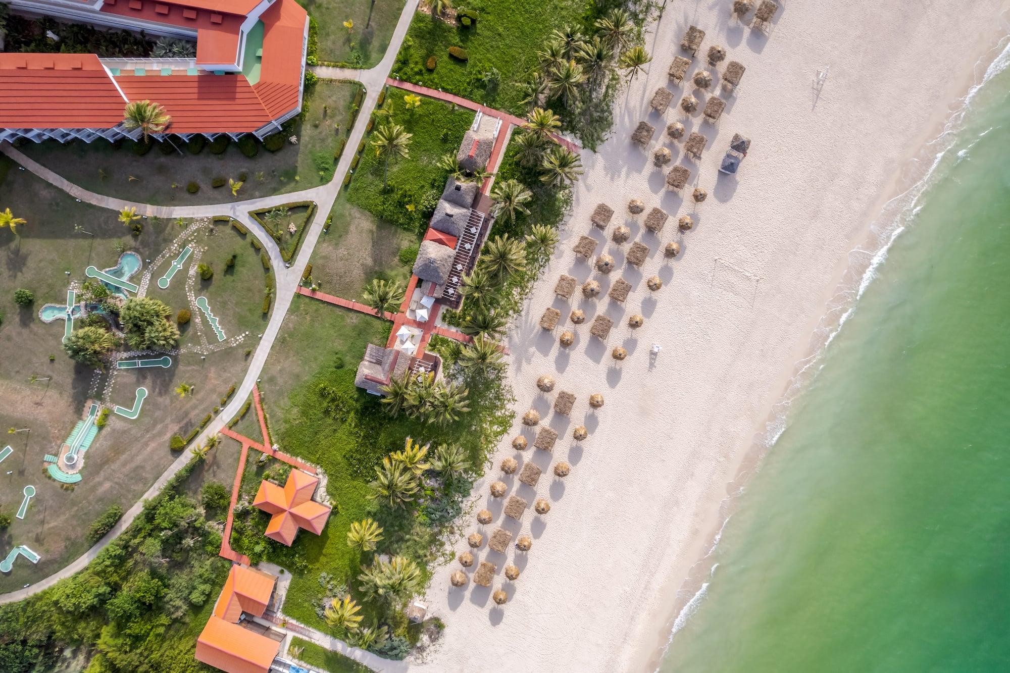 a beach with a group of umbrellas and a building