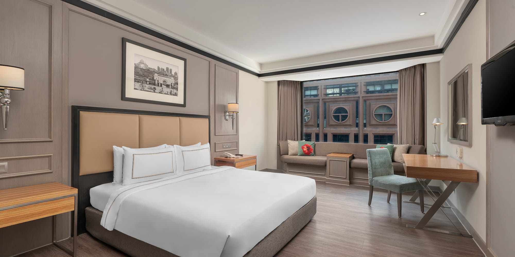 a room with a bed and a table