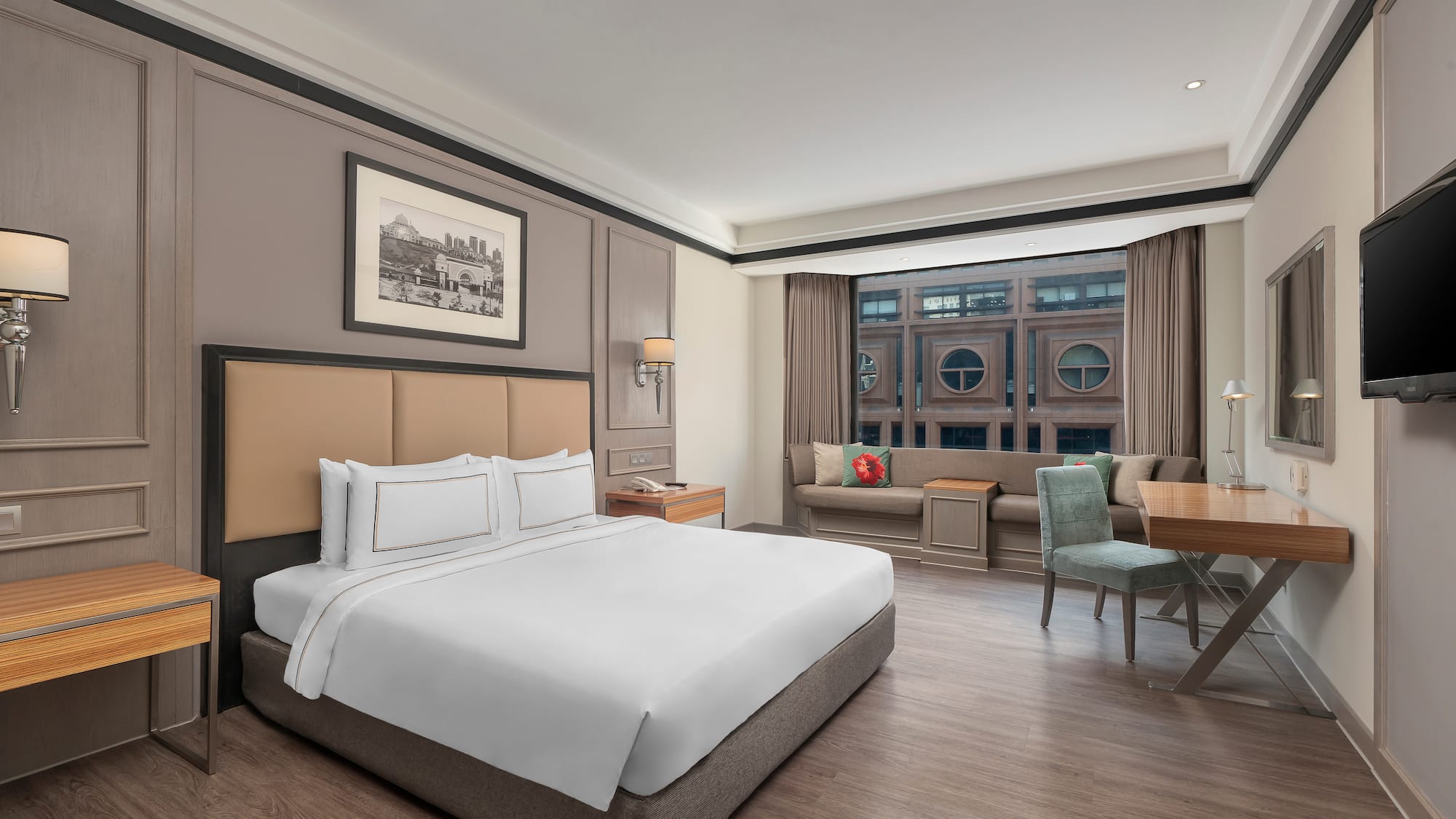 a room with a bed and a table