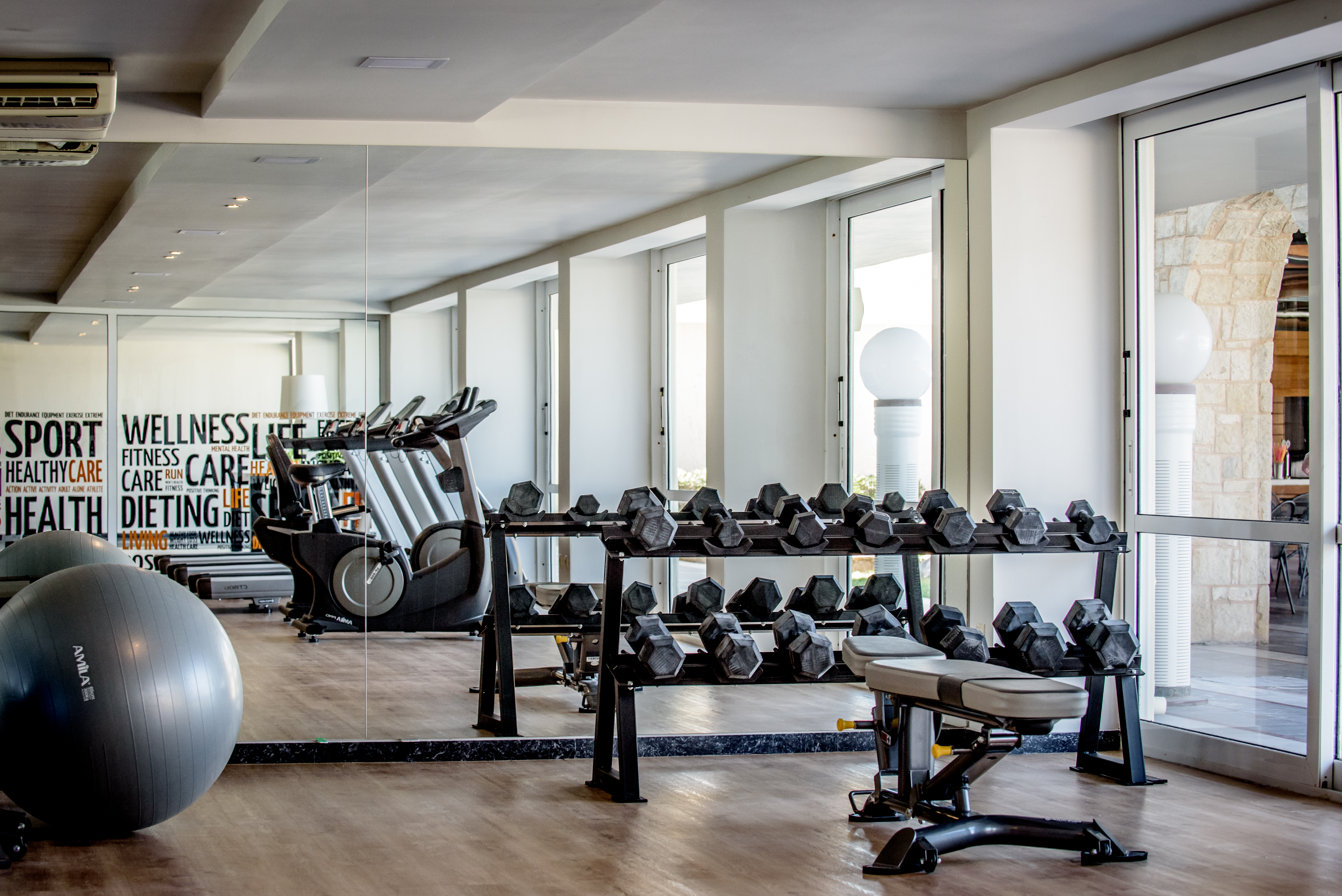 Fitness center with dumbbell rack, treadmills, bikes, and stability ball.