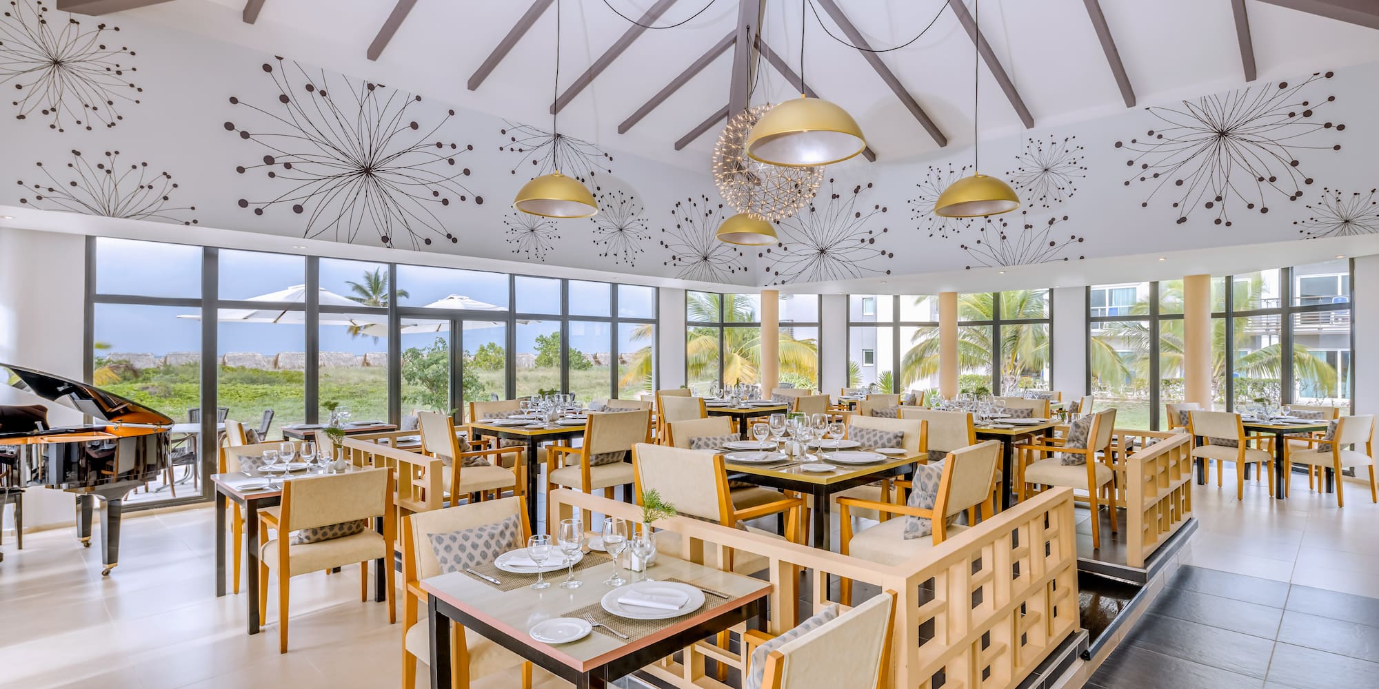 a room with tables and chairs