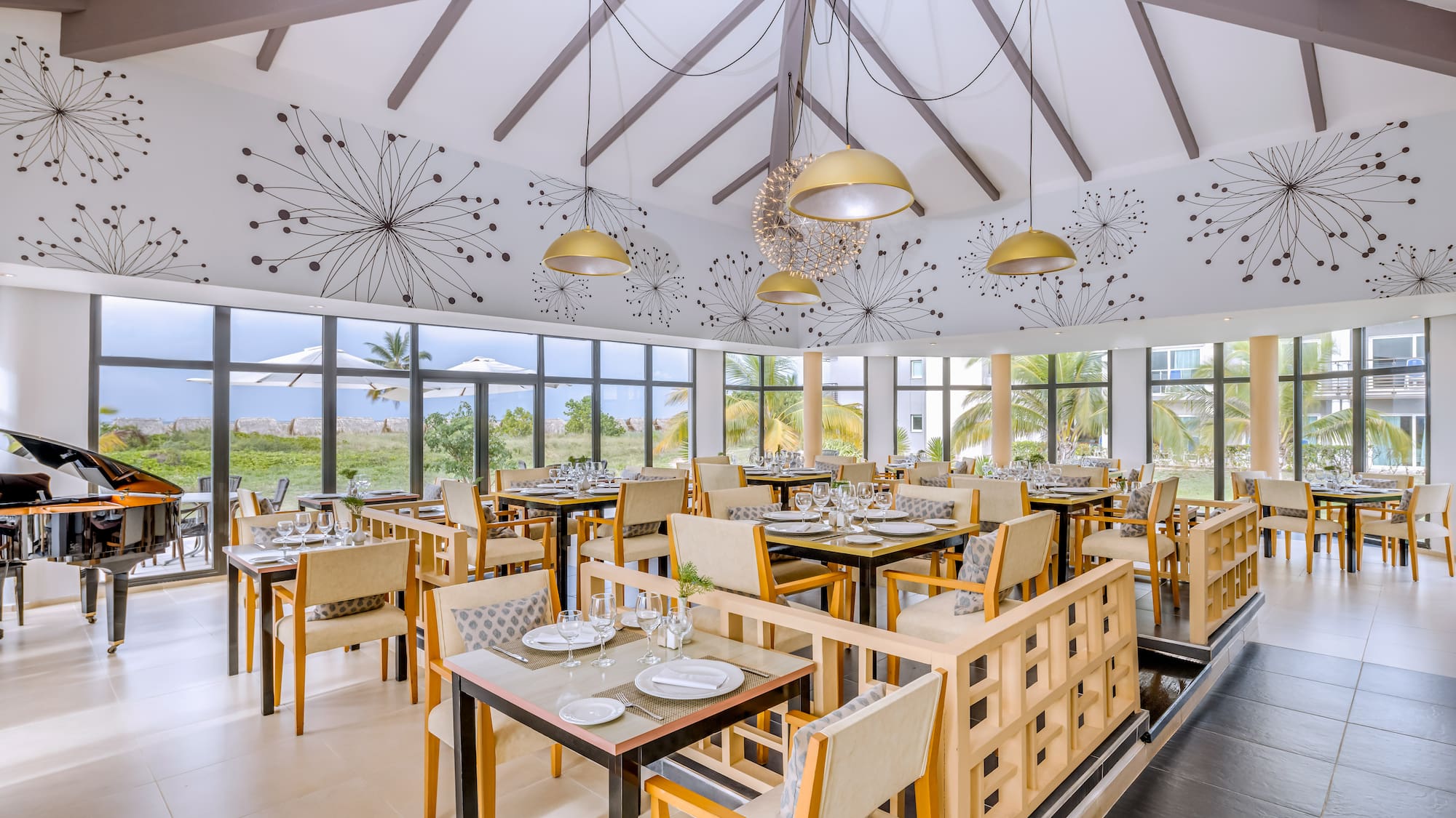 a room with tables and chairs