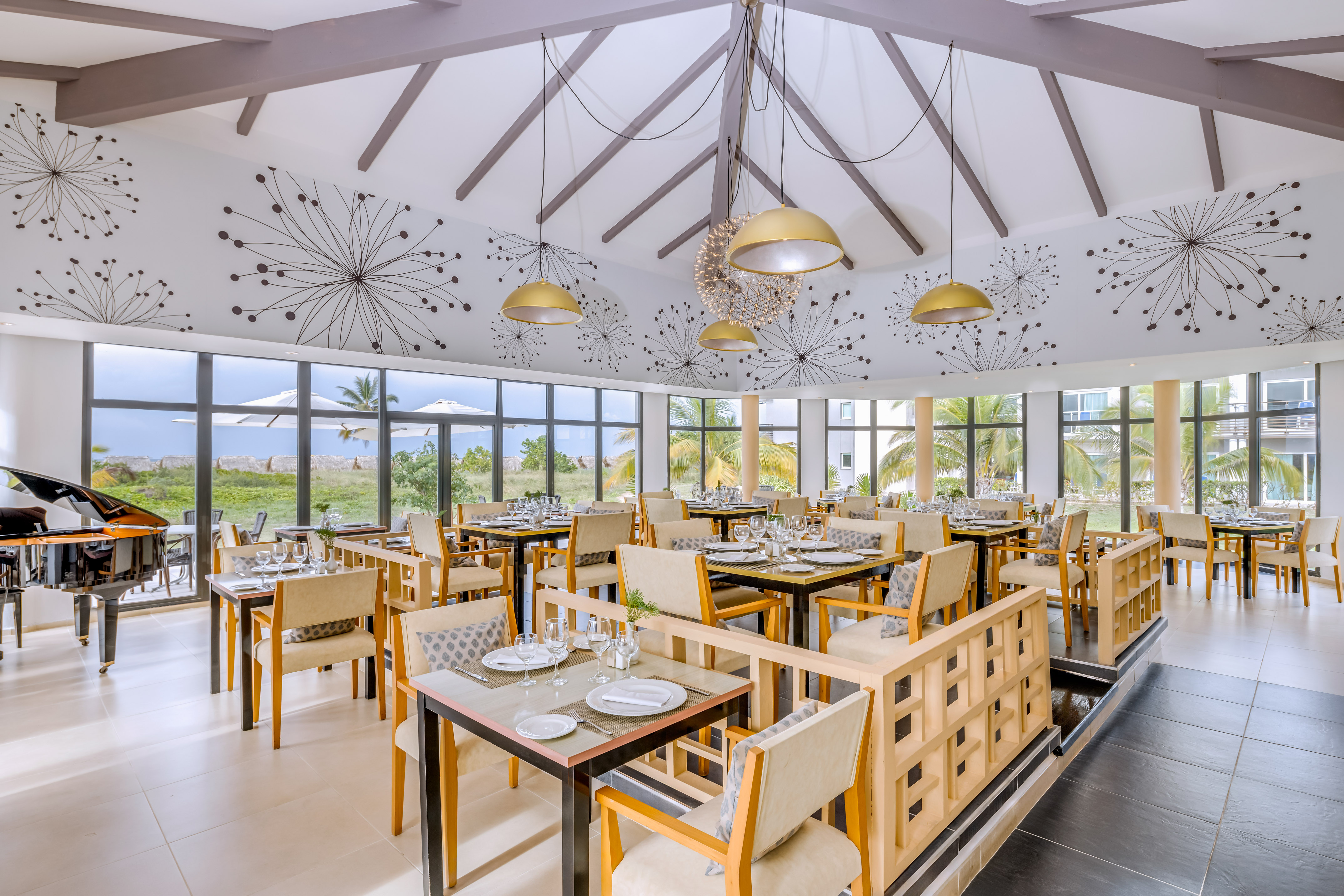 a room with tables and chairs