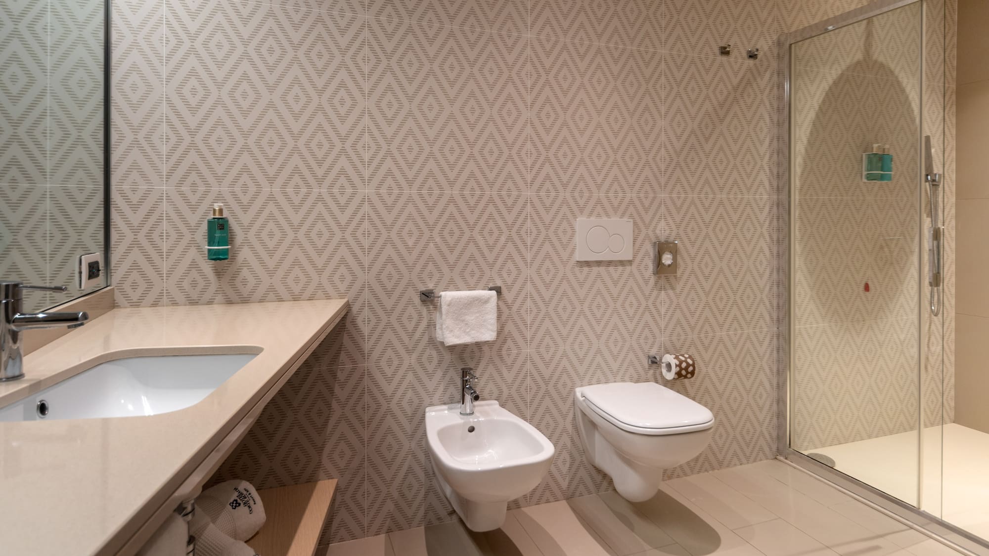 Modern hotel bathroom: patterned tiles, vanity sink, toilet, bidet, glass shower.