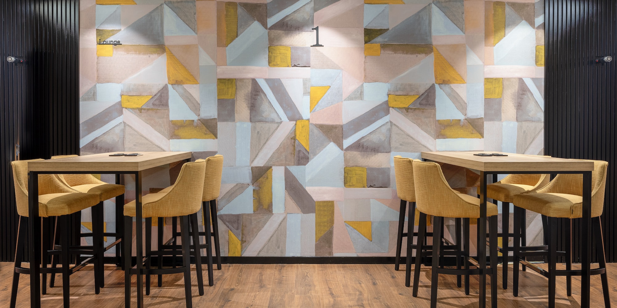 a room with tables and chairs