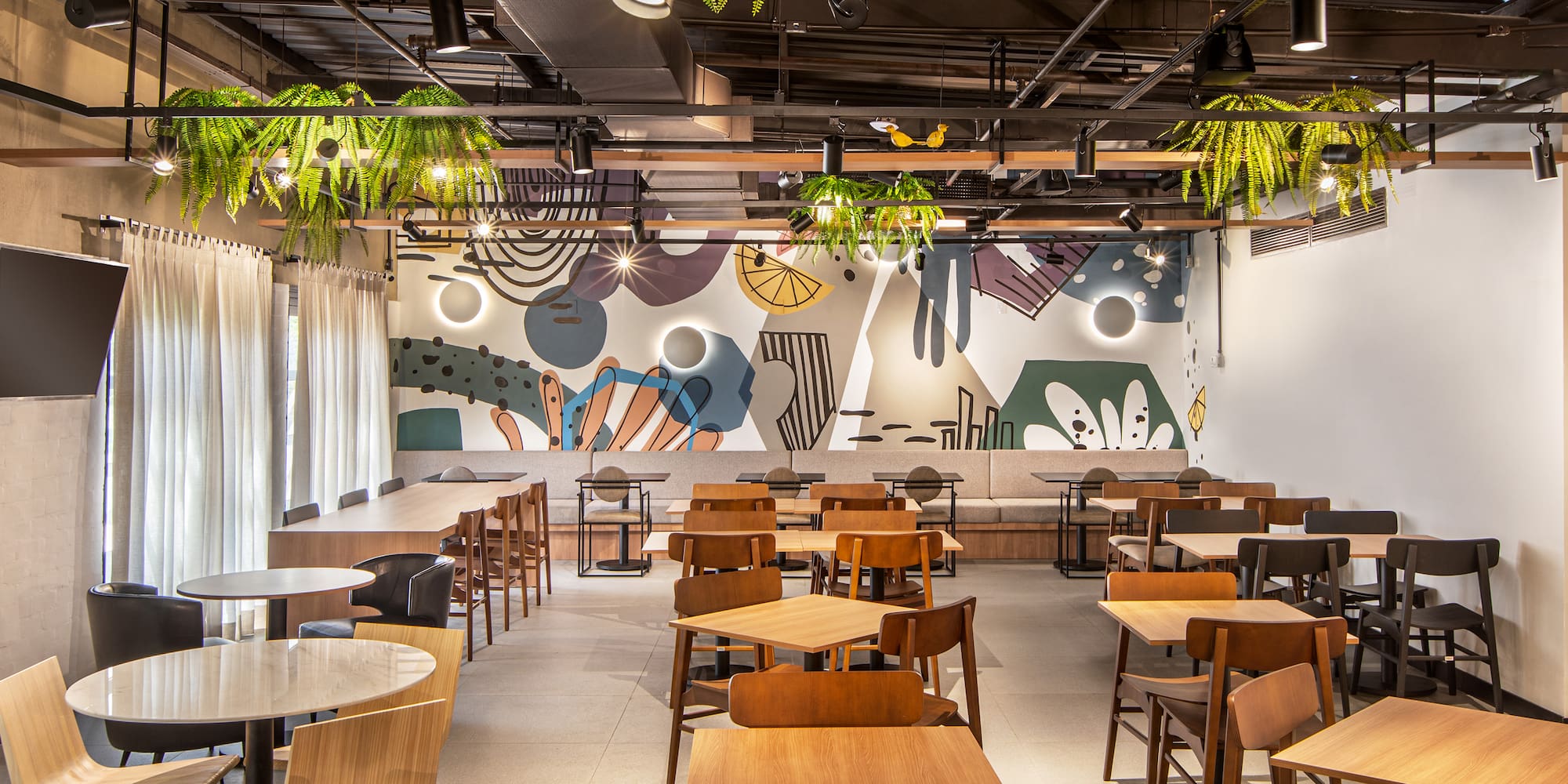 a room with tables and chairs