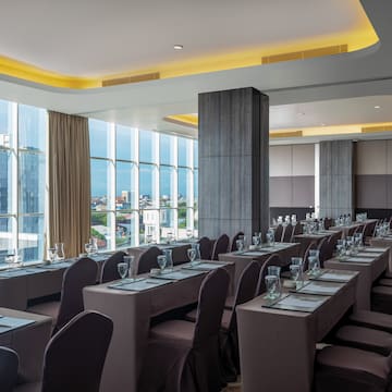 a room with tables and chairs