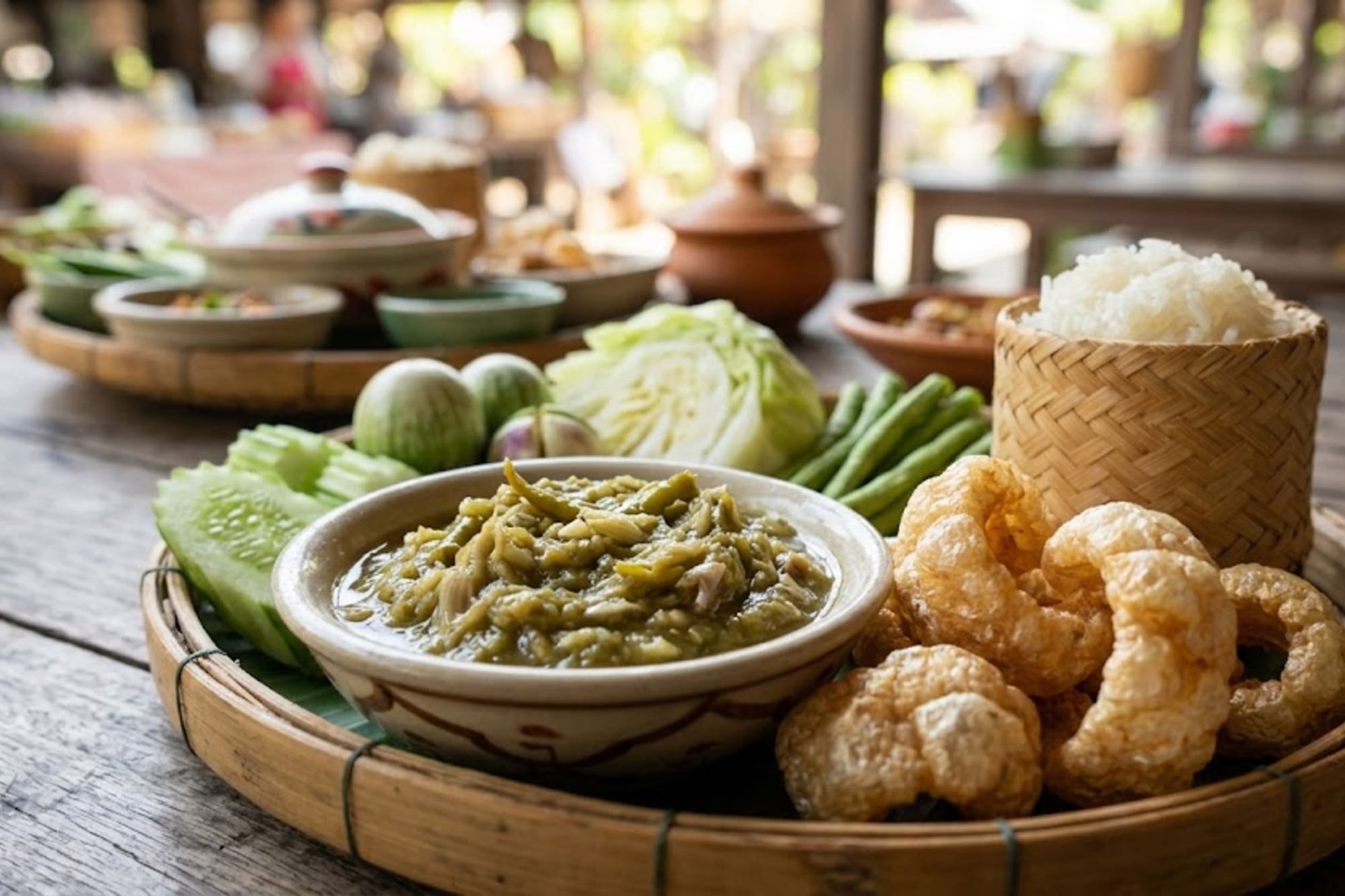 Thai Nam Prik Num with sticky rice, pork rinds, and fresh vegetables.