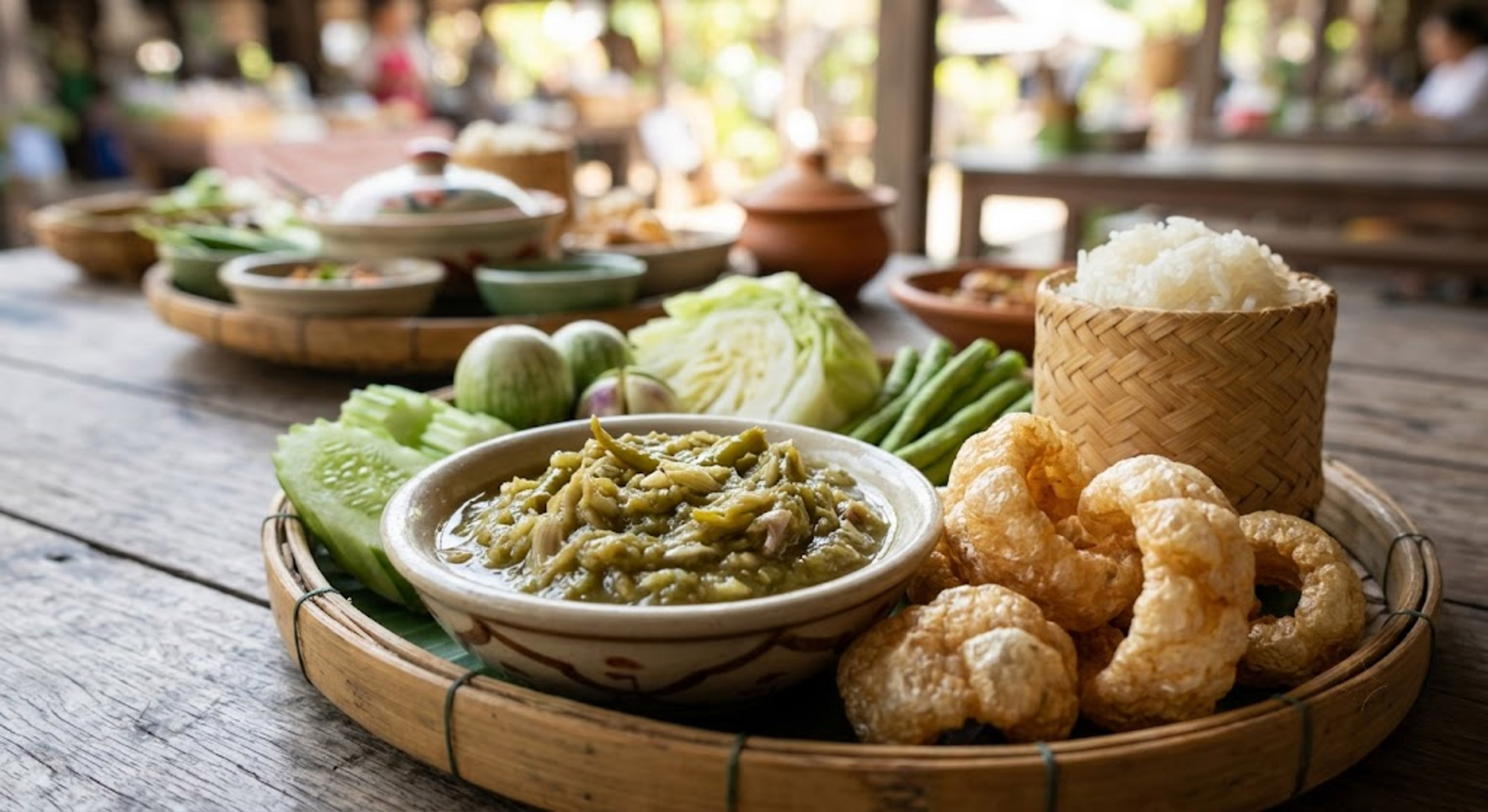Thai Nam Prik Num with sticky rice, pork rinds, and fresh vegetables.