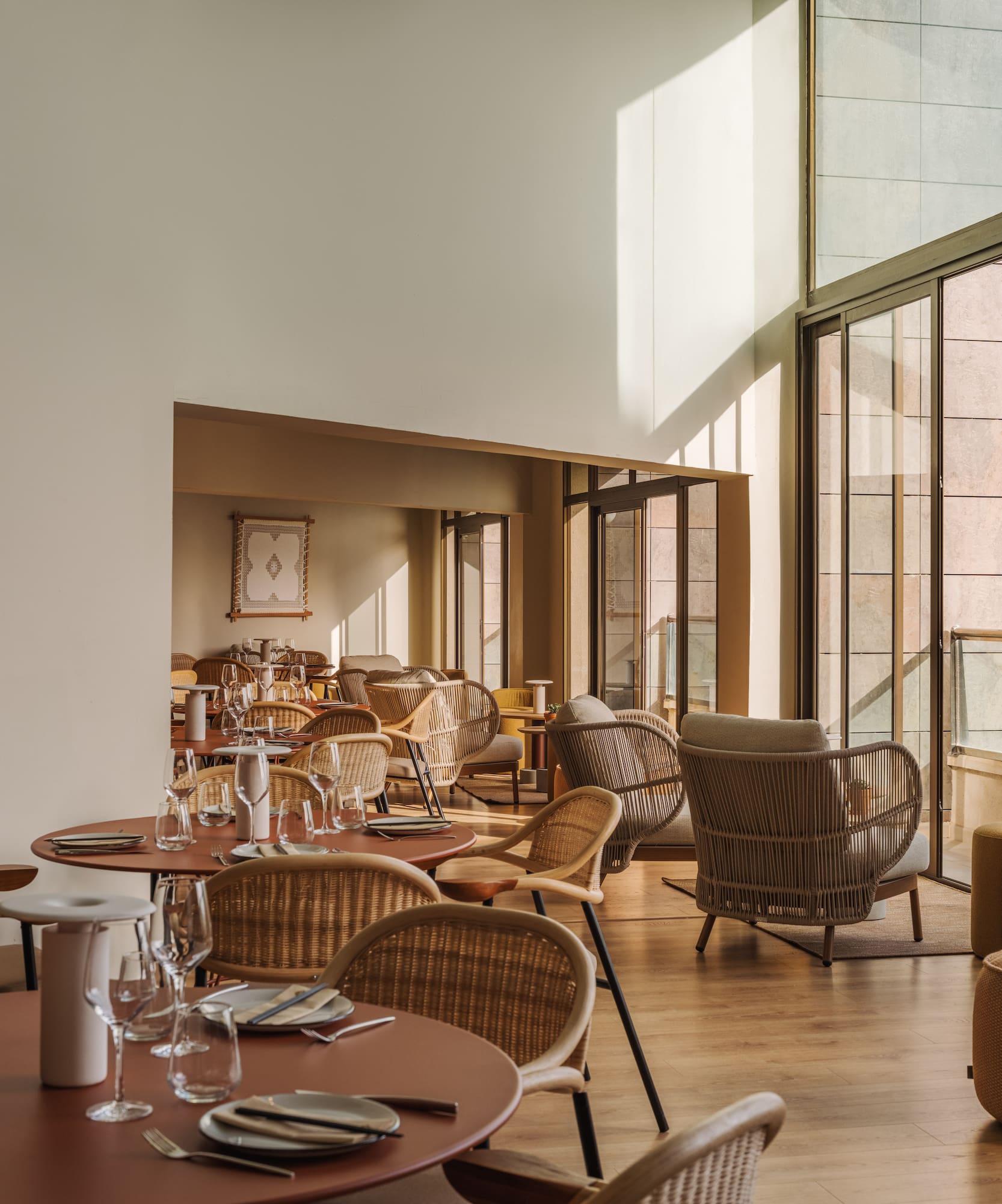 a room with tables and chairs