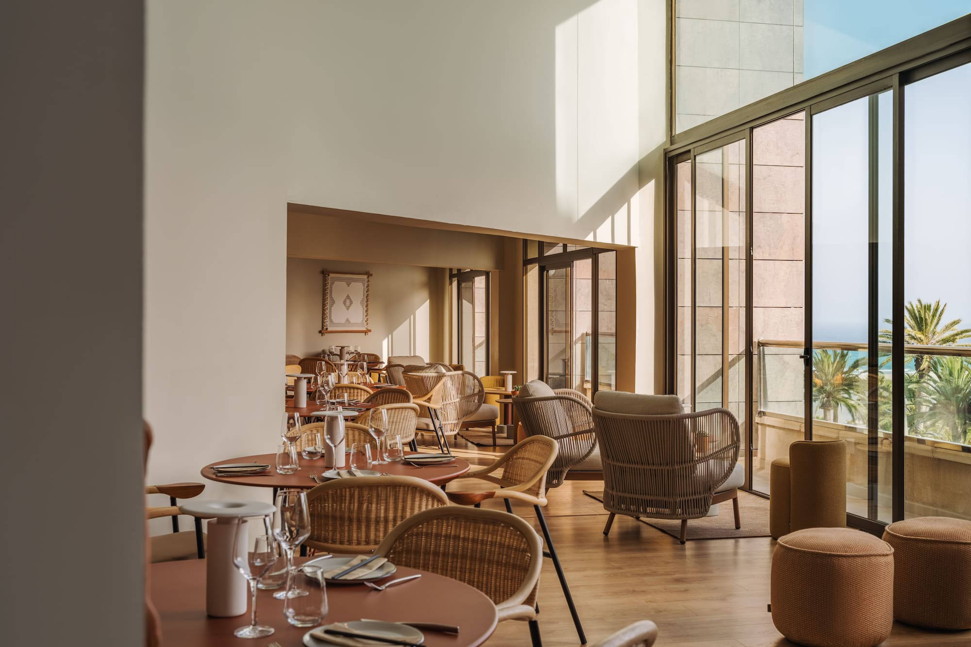 a room with tables and chairs