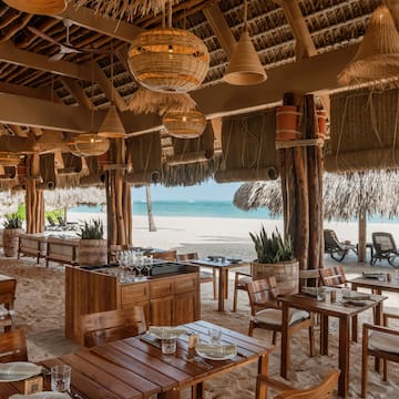 a restaurant with tables and chairs on a beach