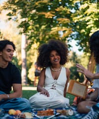 a group of people sitting on a blanket in a park