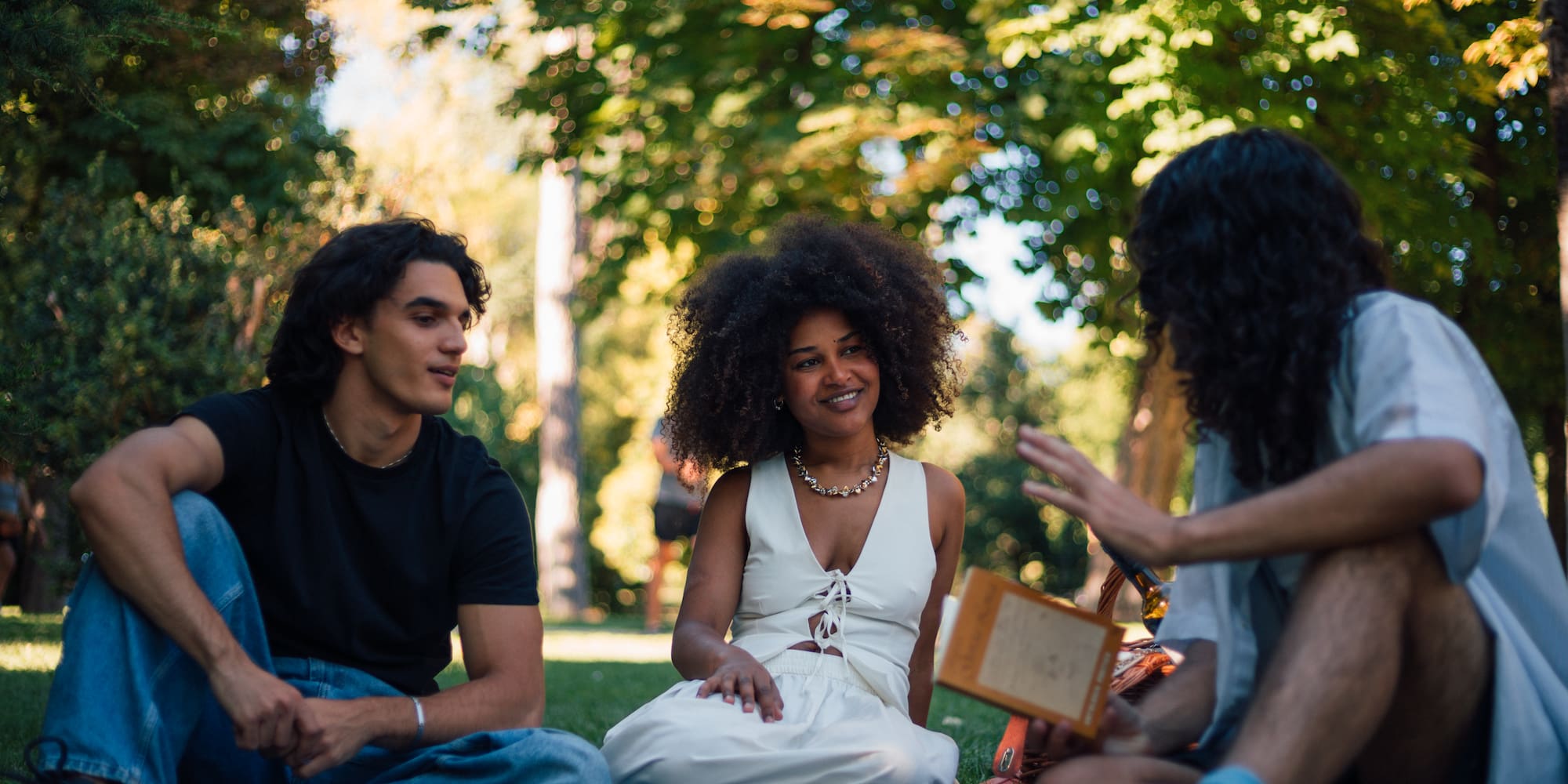 a group of people sitting on a blanket in a park