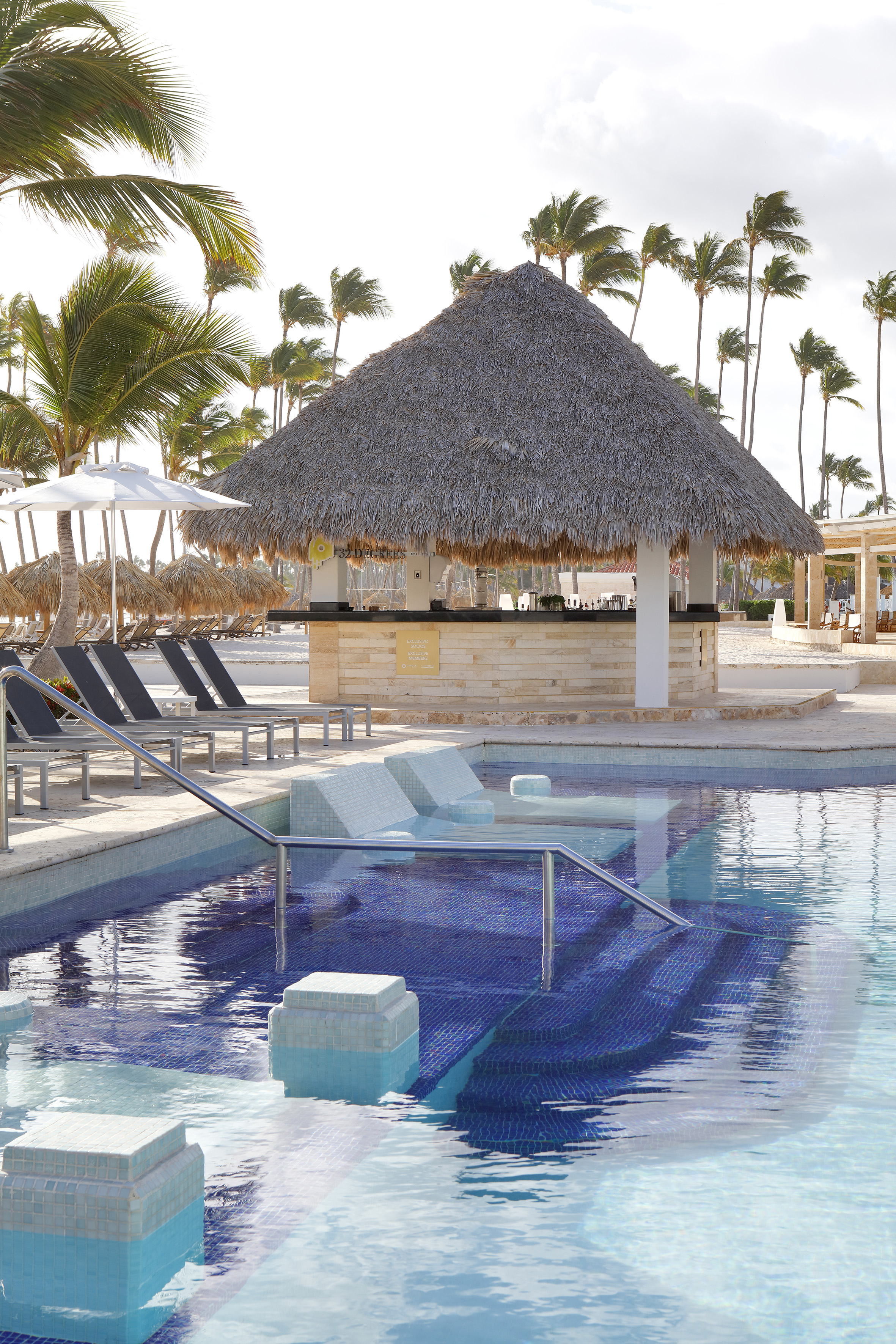 Tropical resort pool with swim-up bar, thatched roof, and palm trees.