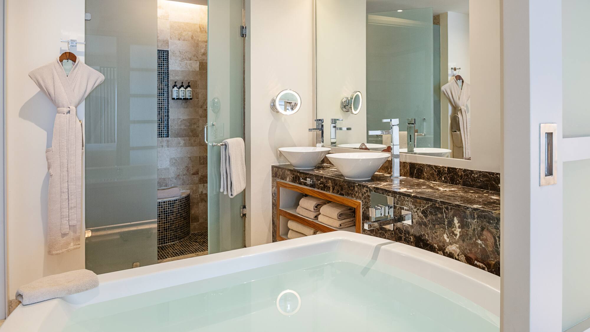a bathroom with a bathtub and a shower