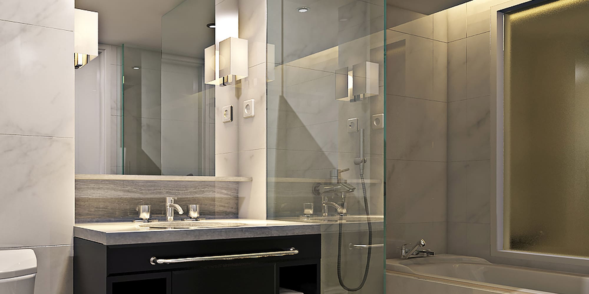 a bathroom with a glass shower and a tub