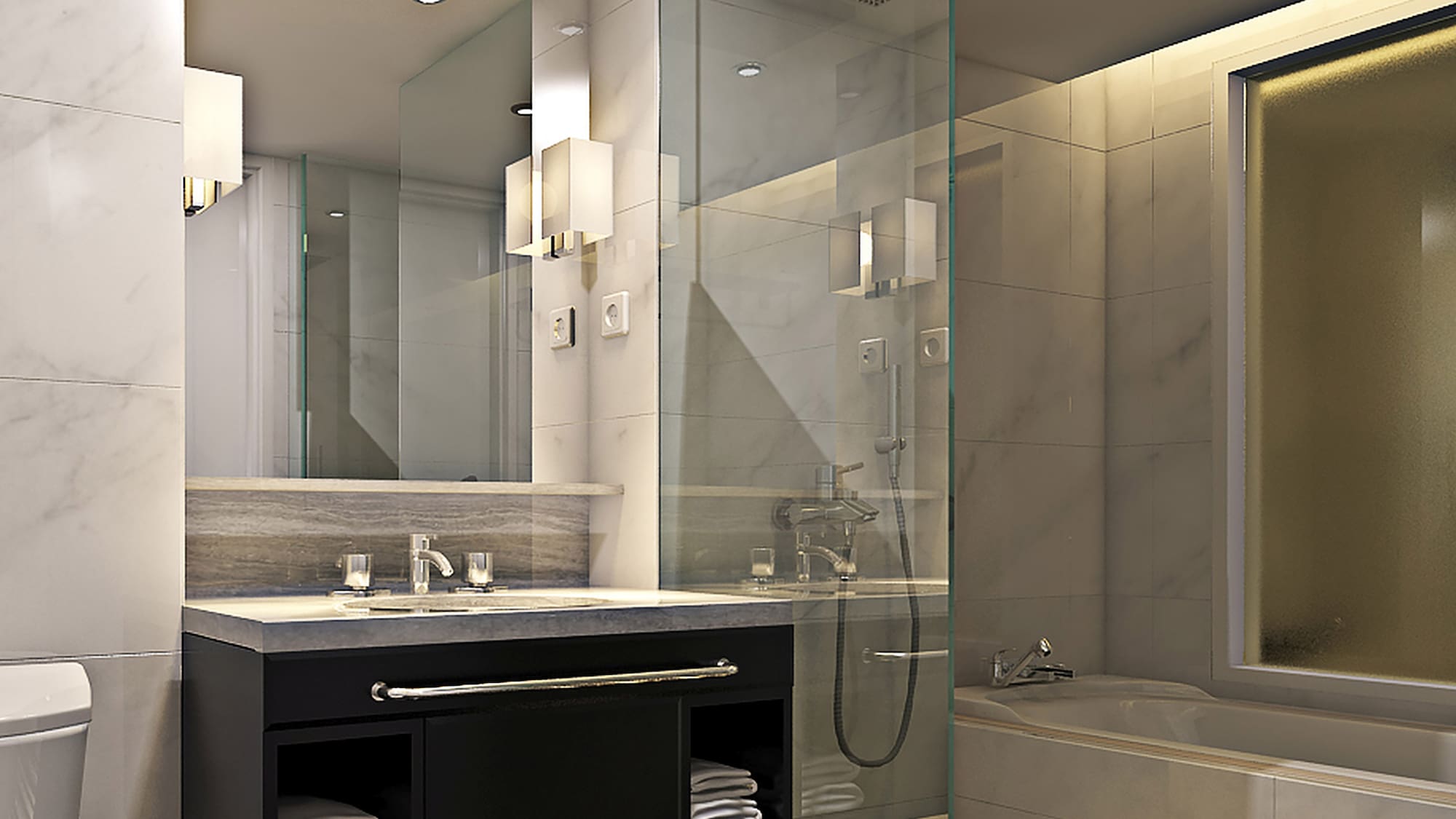 a bathroom with a glass shower and a tub