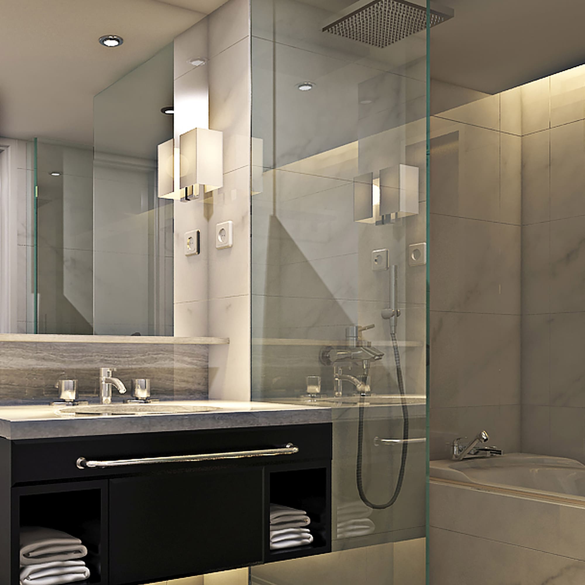a bathroom with a glass shower and a tub