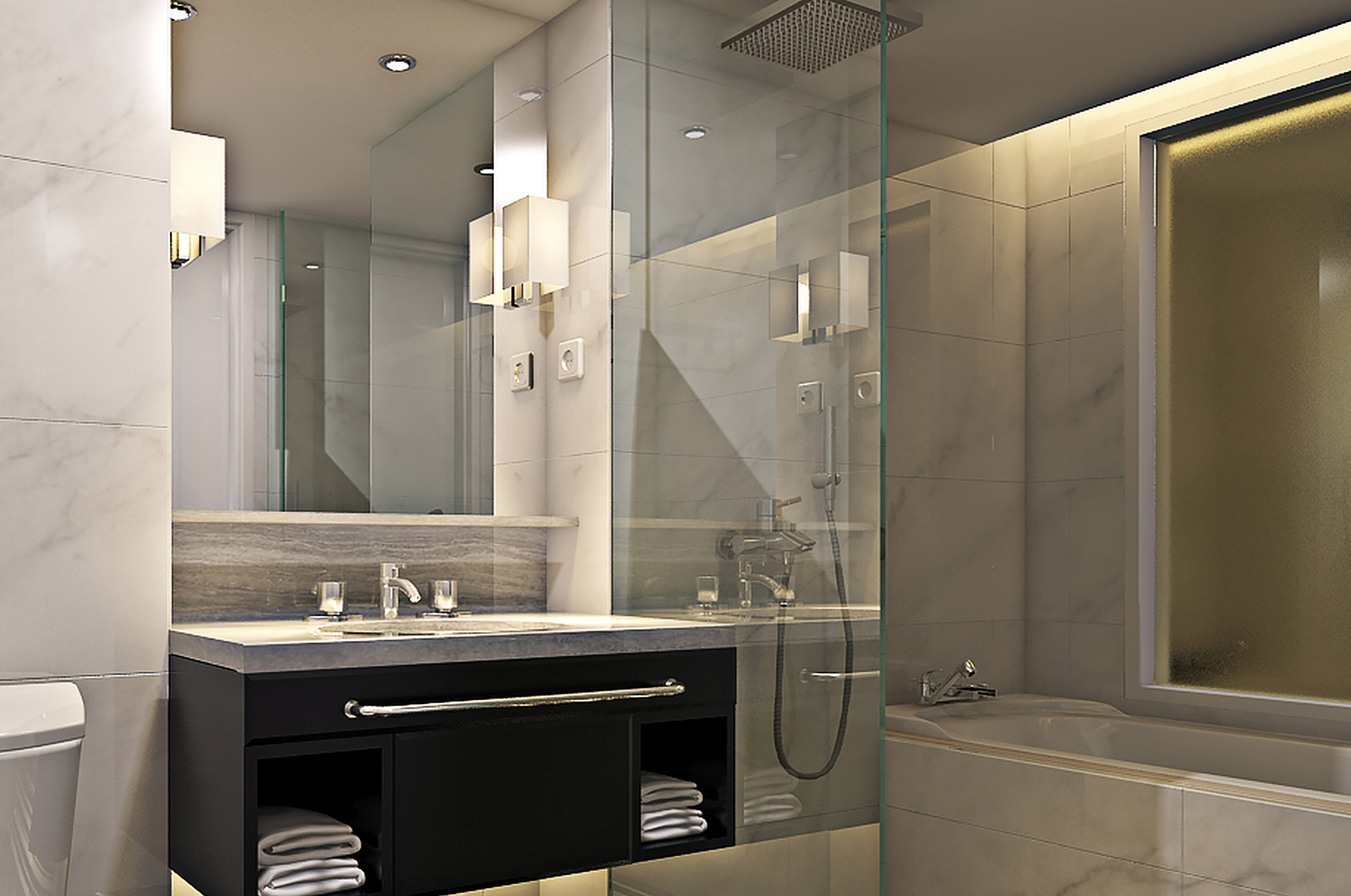 Modern marble bathroom with black vanity, glass shower, and bathtub.