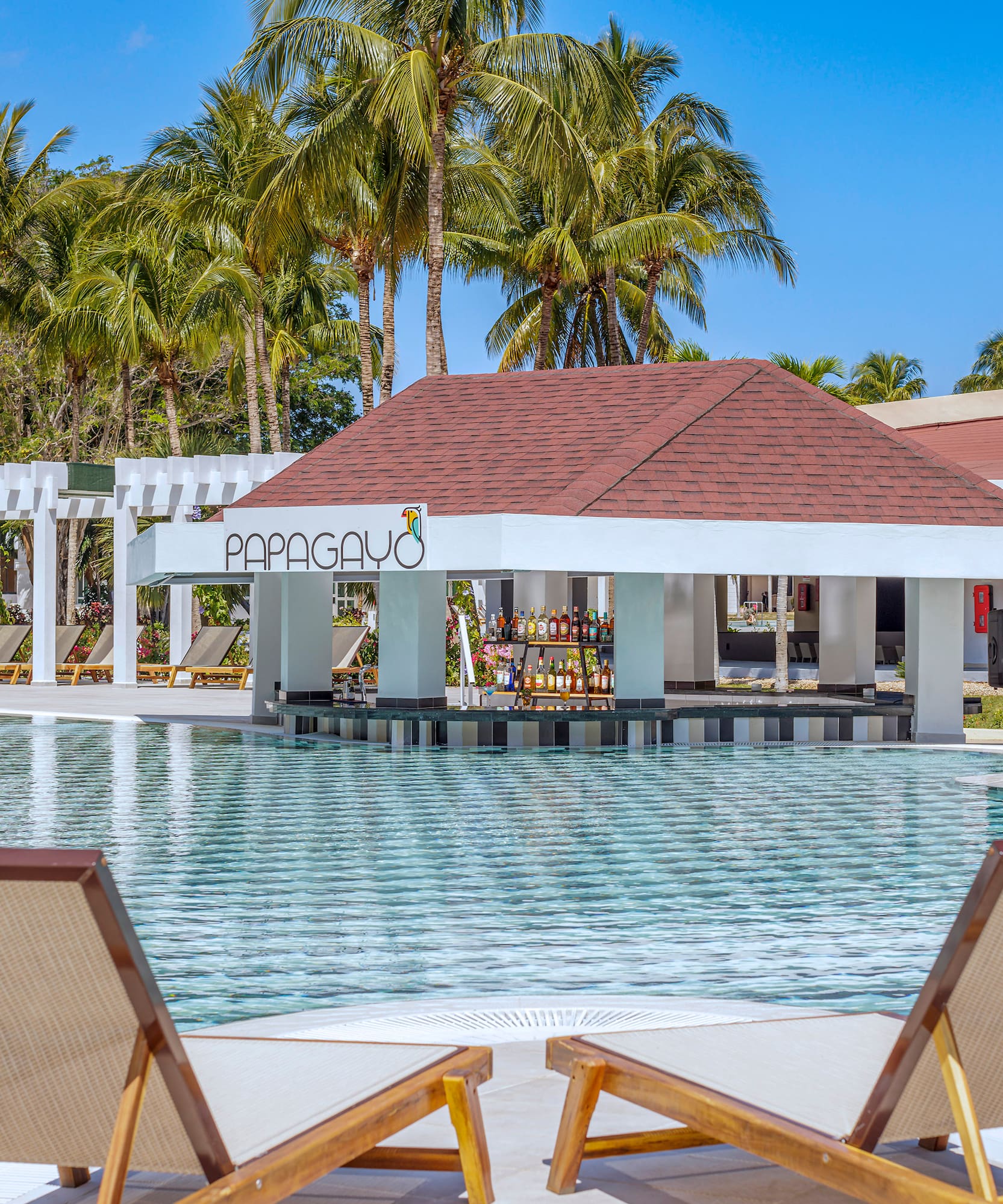 a pool with lounge chairs and a bar