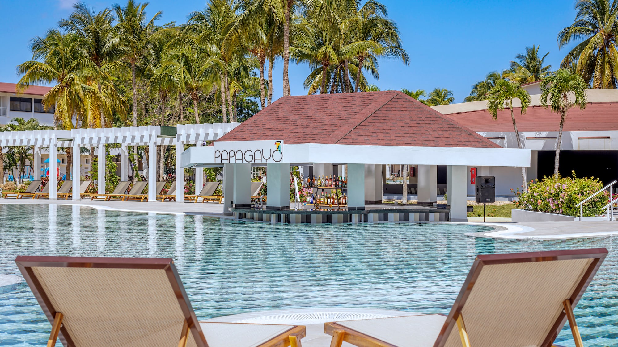 a pool with lounge chairs and a bar