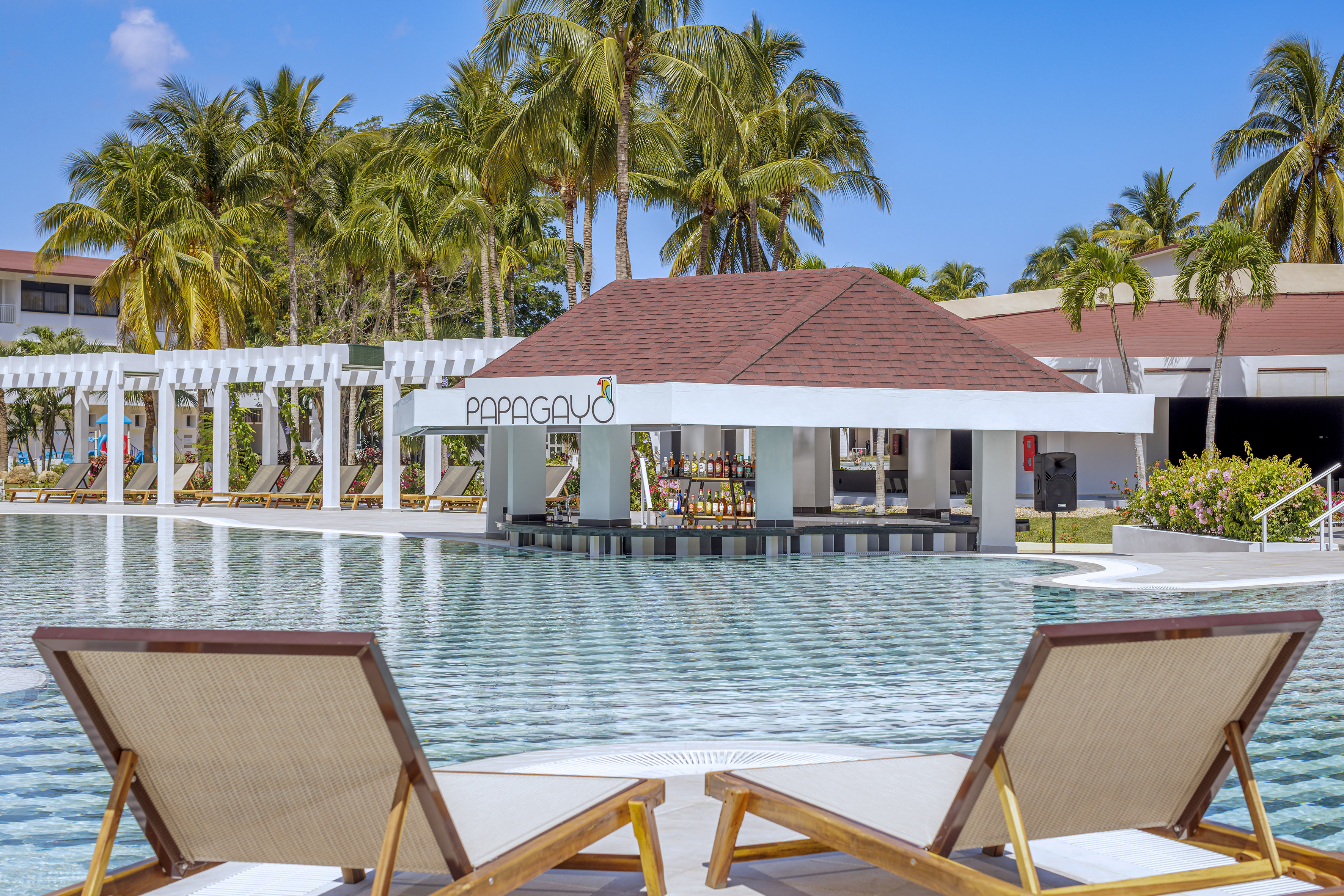 a pool with lounge chairs and a bar