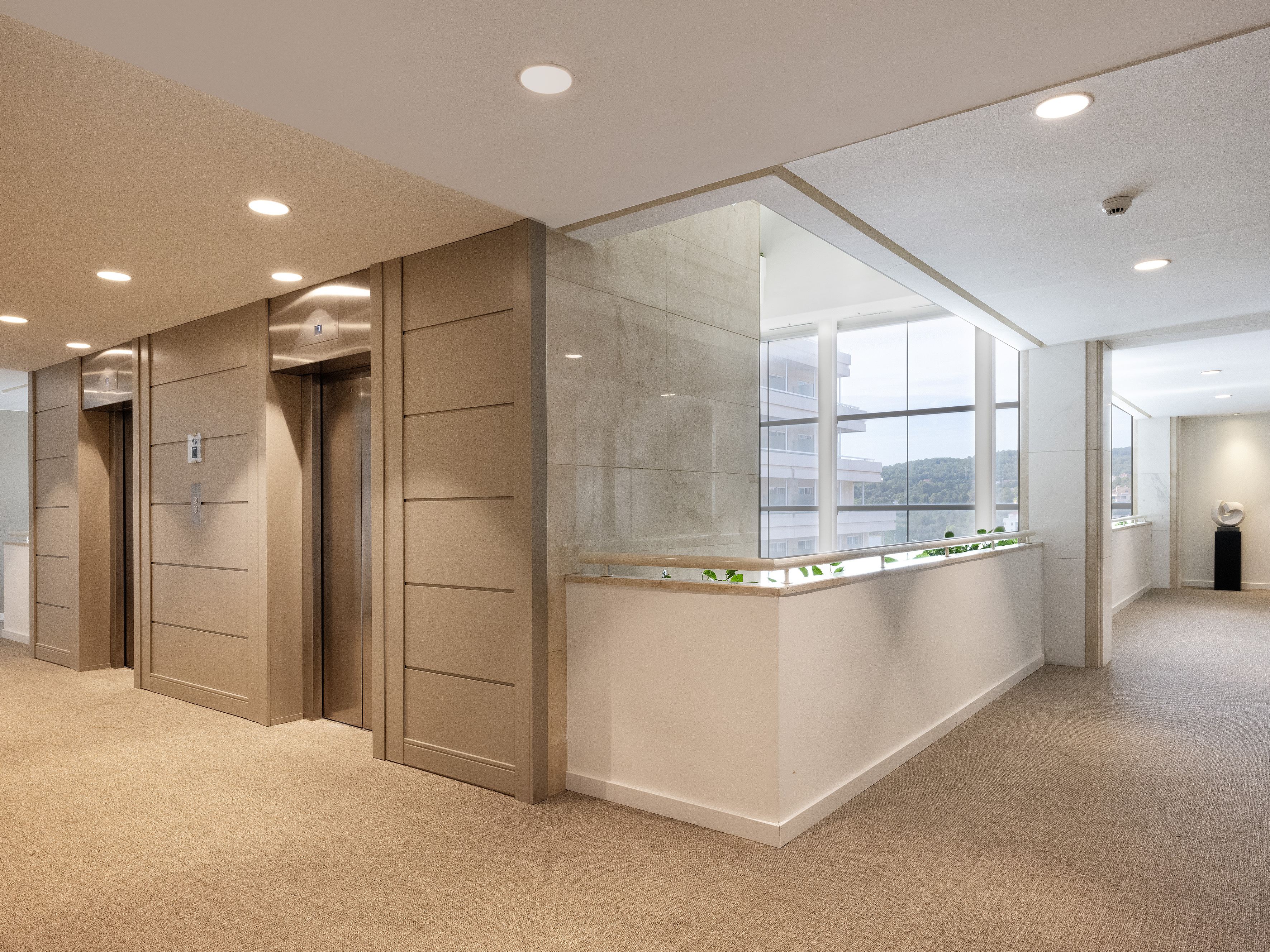 Bright modern elevator lobby with beige carpet and large windows.