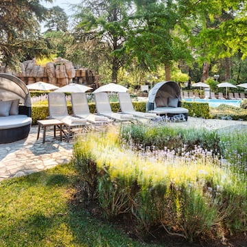 a group of chairs and umbrellas in a garden
