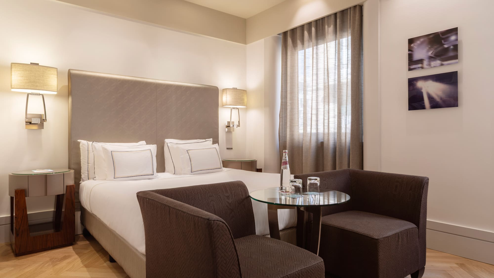 a room with a bed and a table