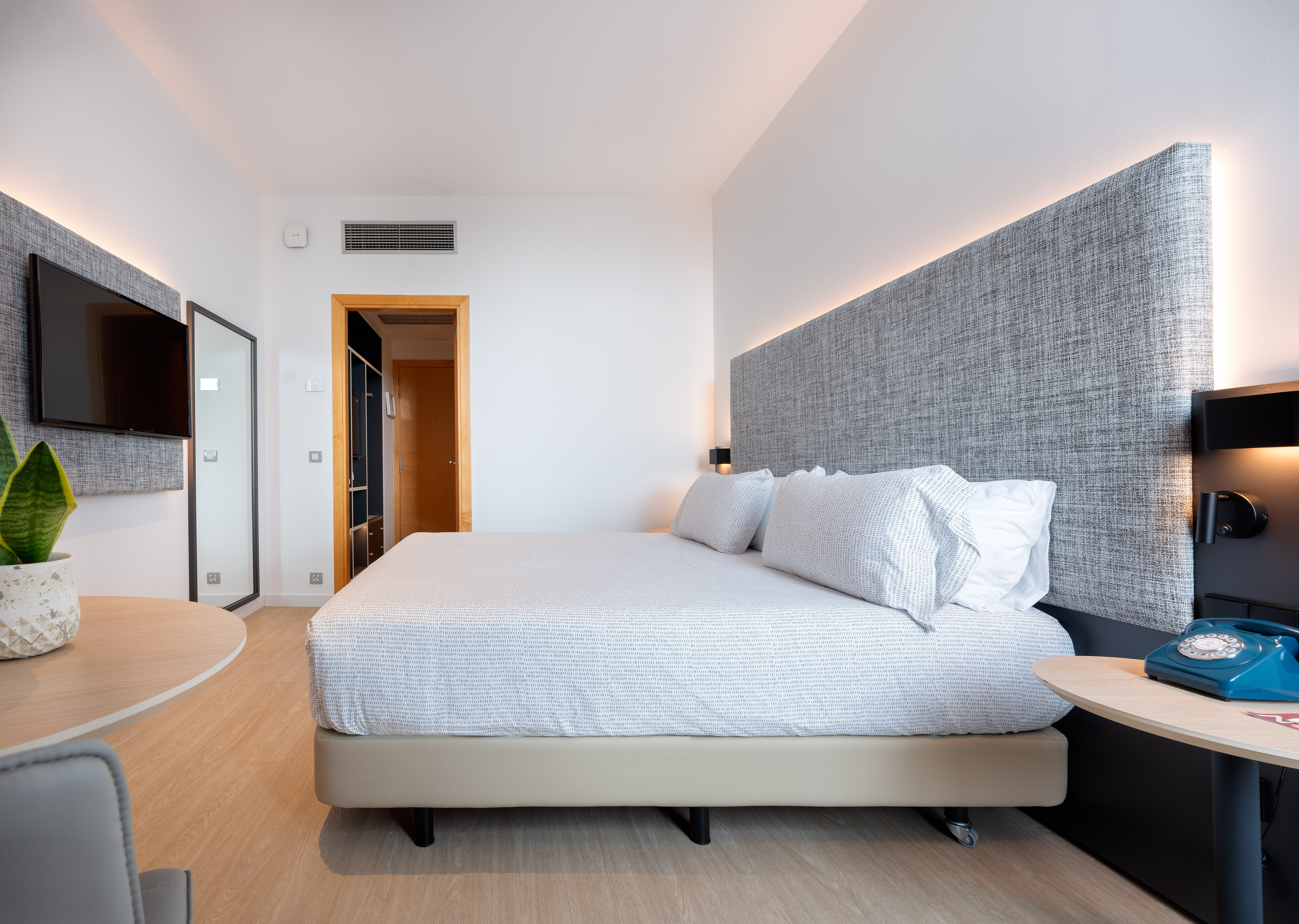 Bright hotel bedroom with queen bed, grey headboard, wall TV, and wood floor.