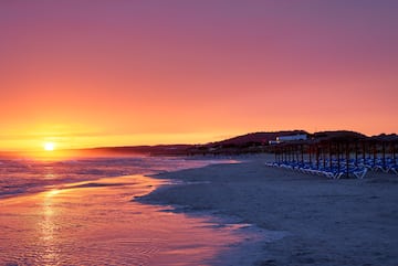 a beach with chairs and umbrellas