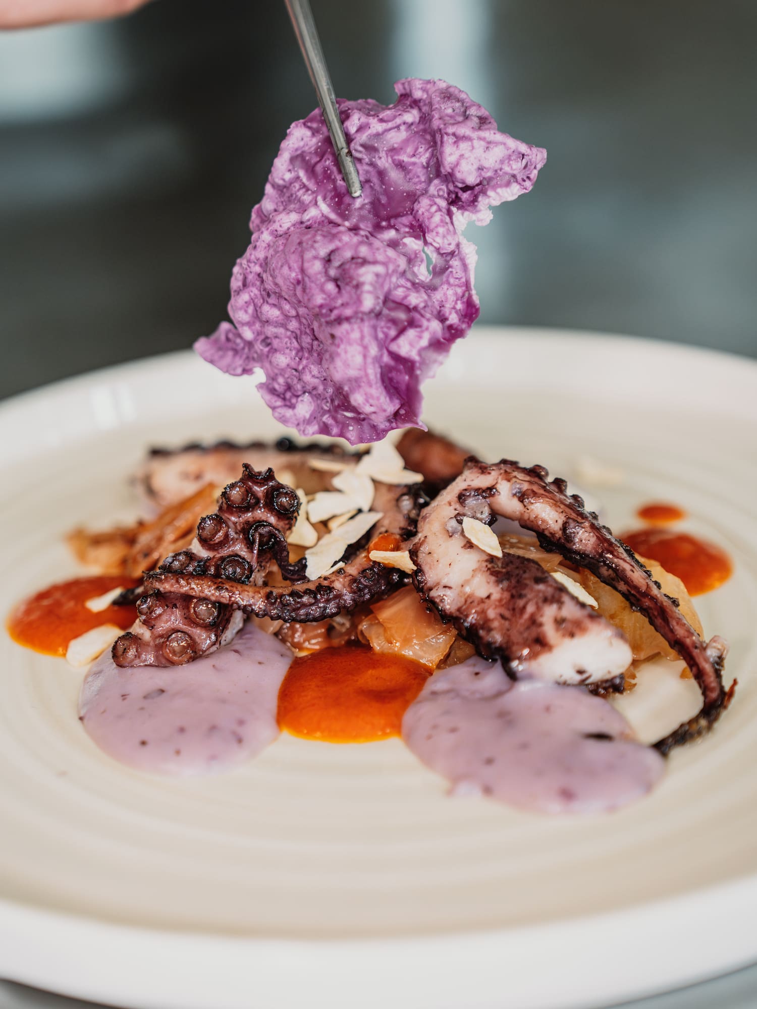 a plate of food with purple food on it