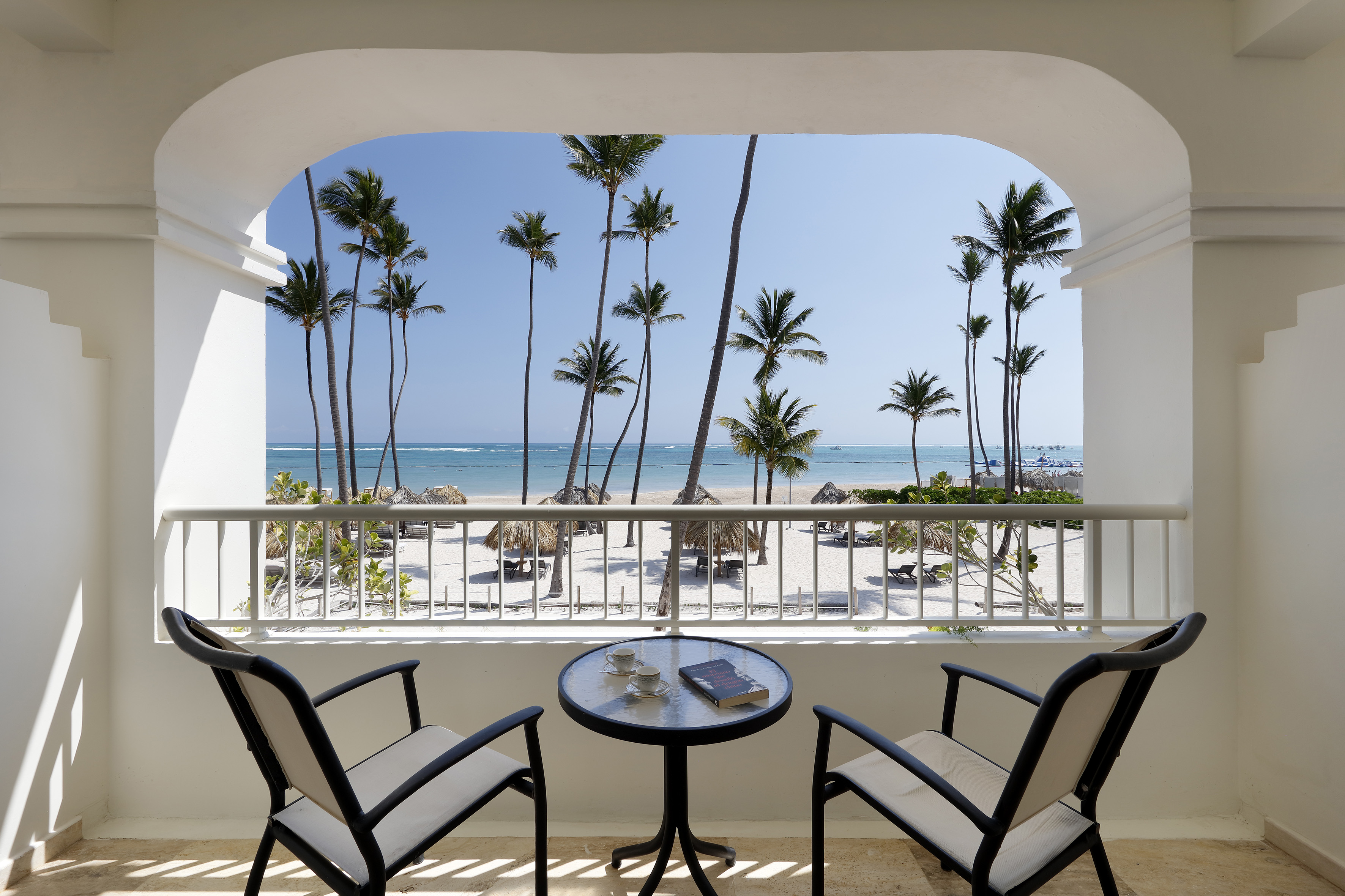 Resort balcony view of tropical beach, palm trees, and turquoise ocean.