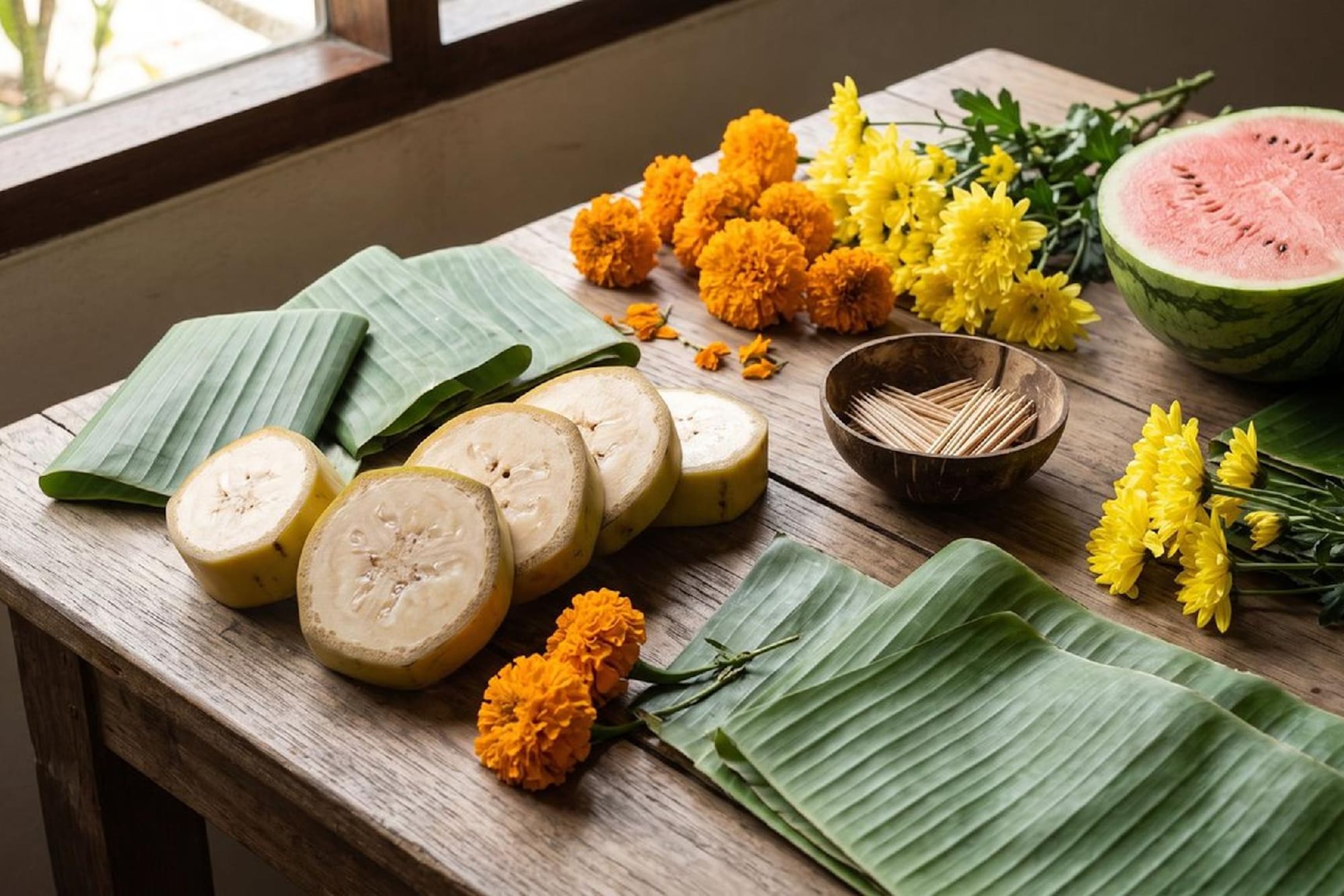 Sliced bananas, fresh banana leaves, watermelon, marigolds, and chrysanthemums on wood.