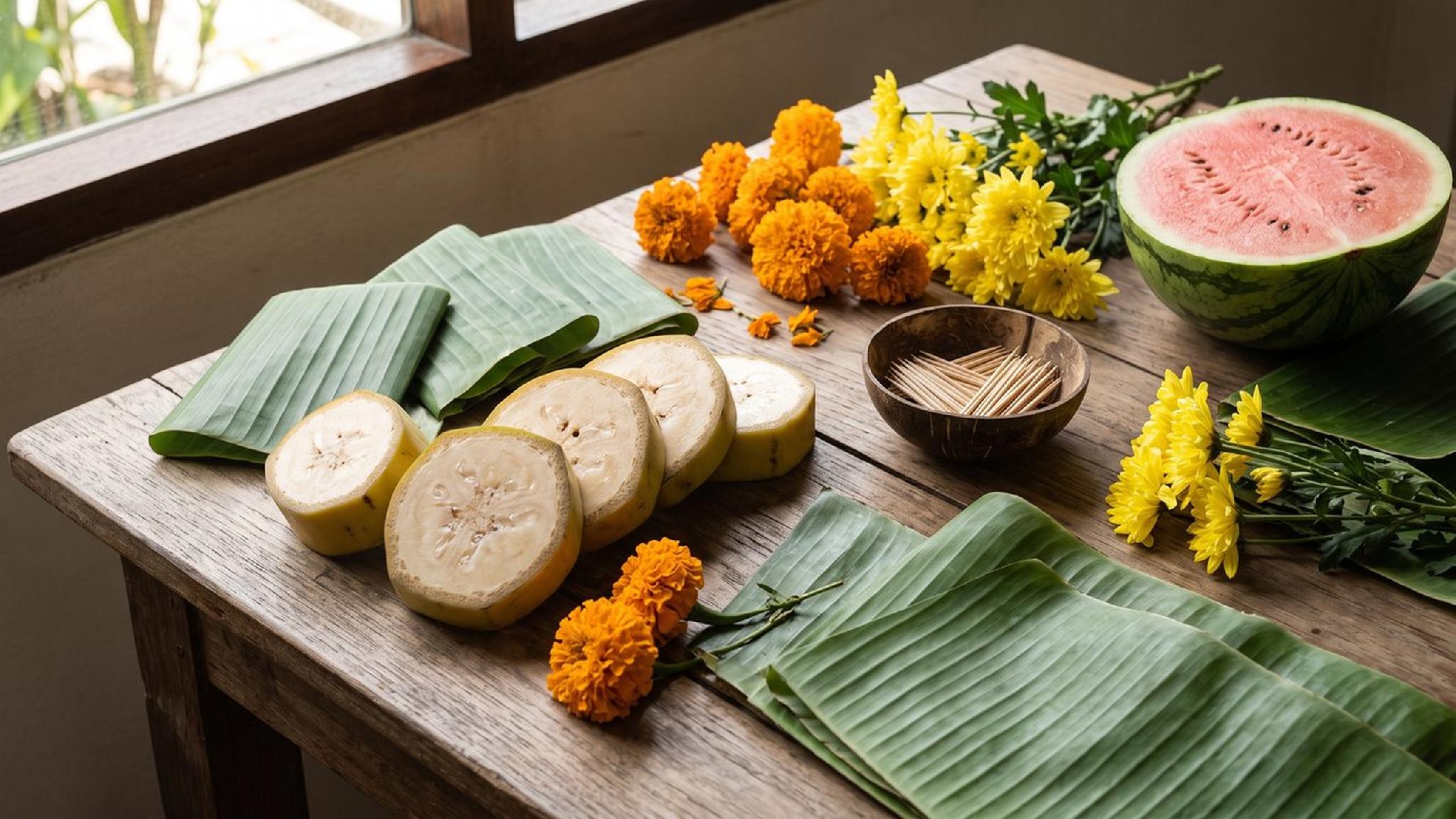 Sliced bananas, fresh banana leaves, watermelon, marigolds, and chrysanthemums on wood.