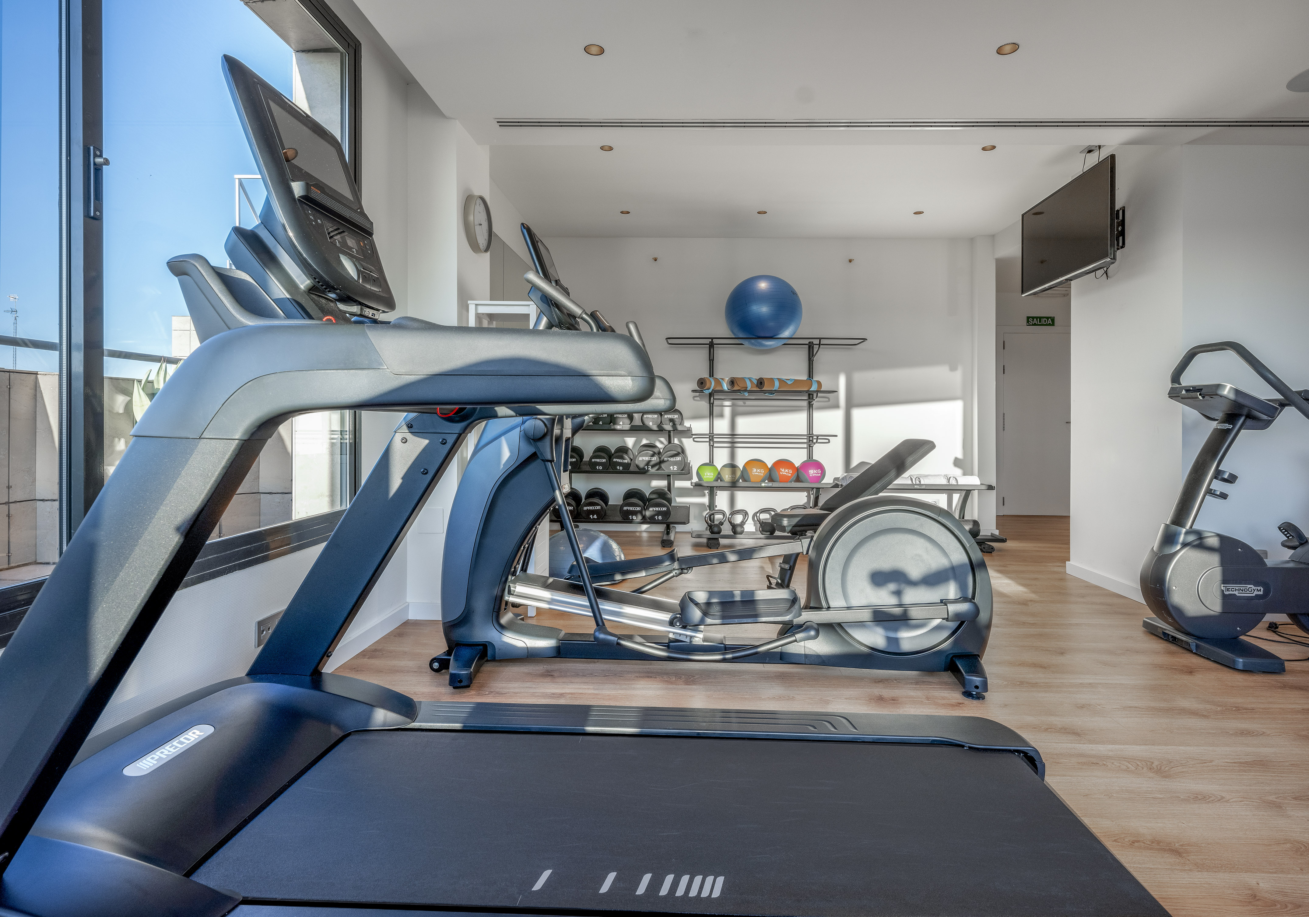 Modern gym with treadmill, elliptical, exercise bike, and weights.