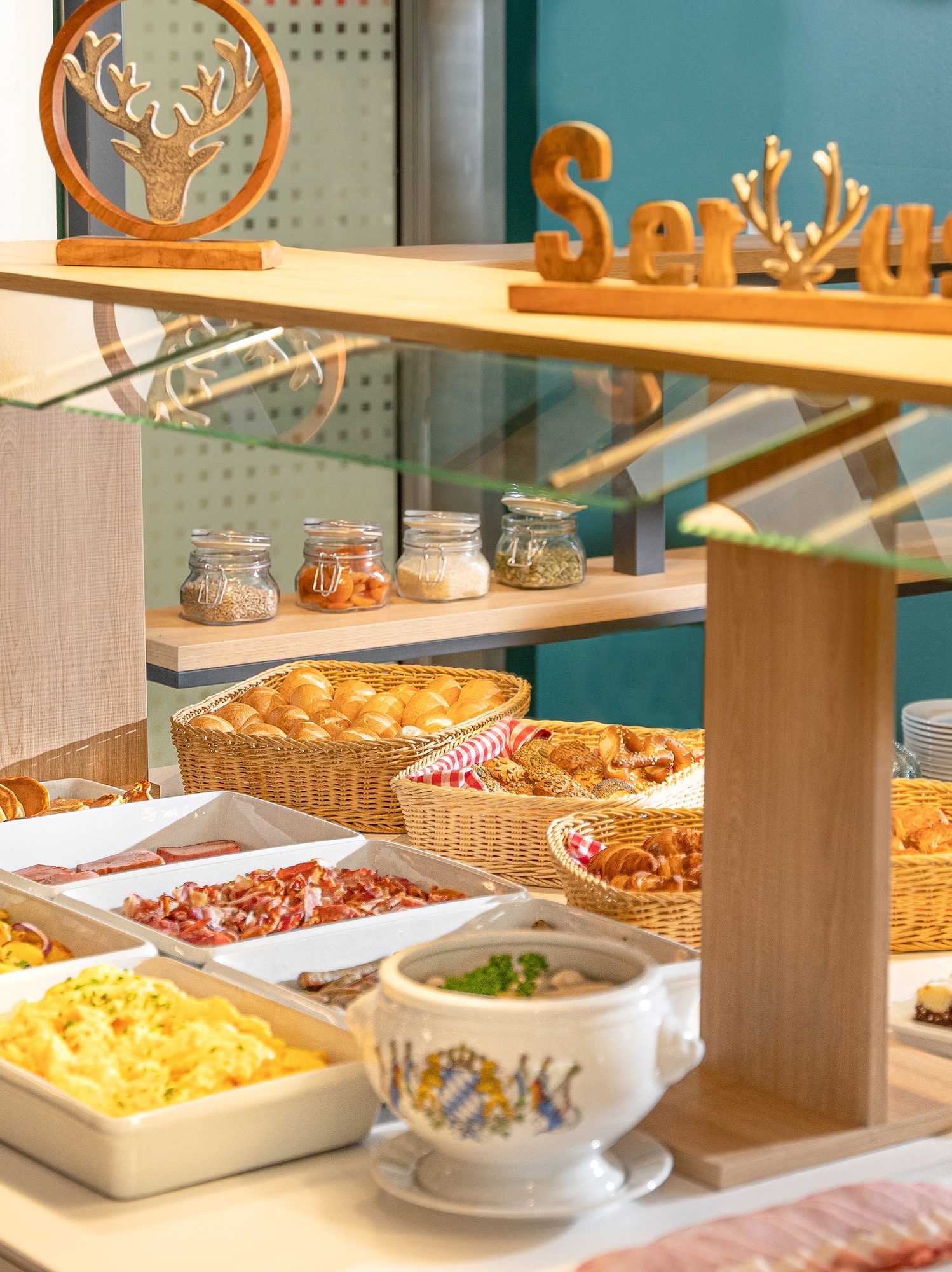 a buffet with food on it