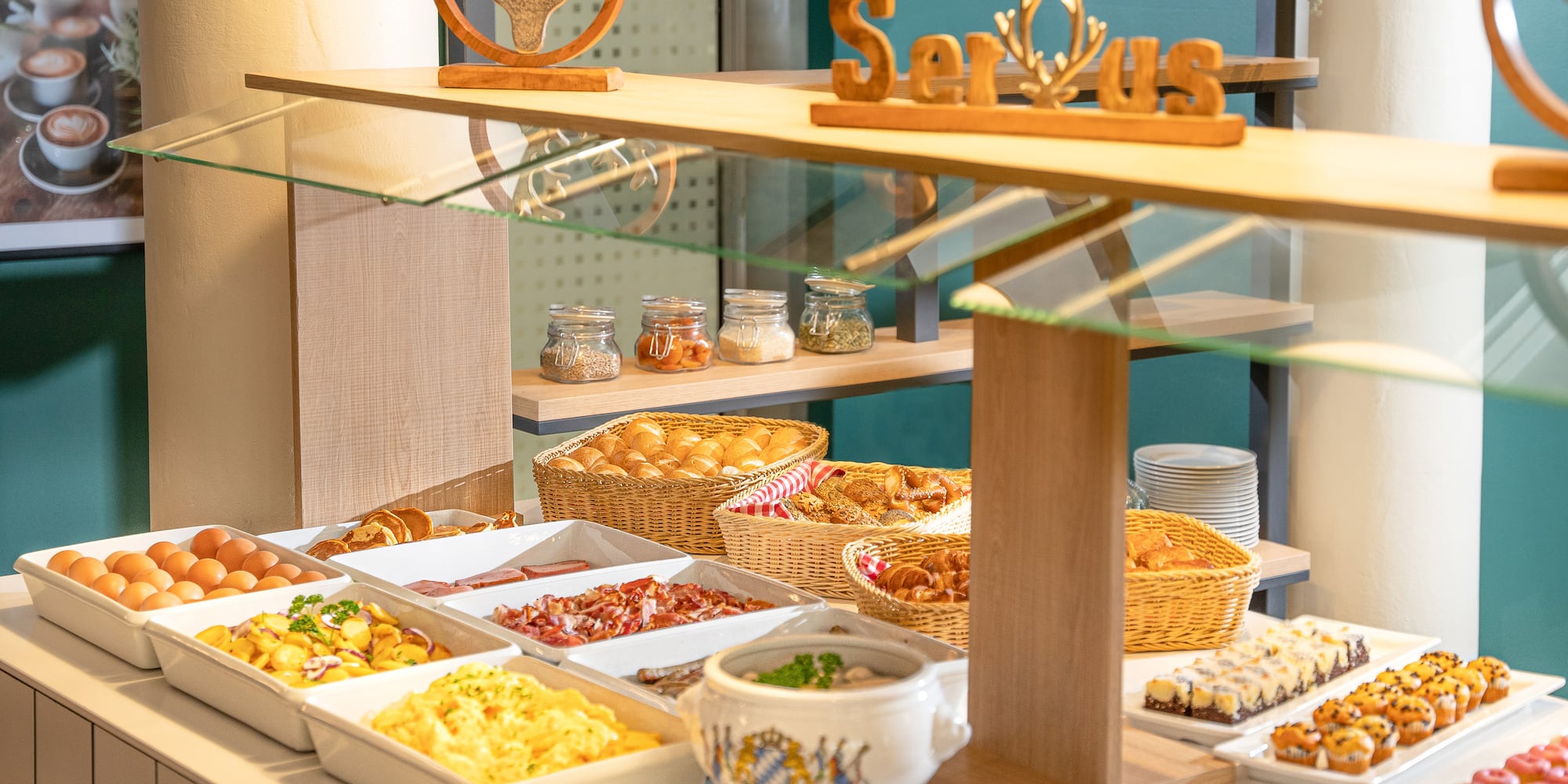 a buffet with food on it