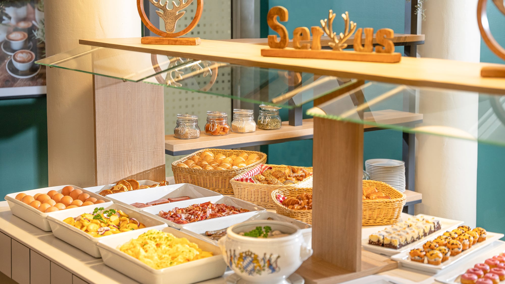 a buffet with food on it