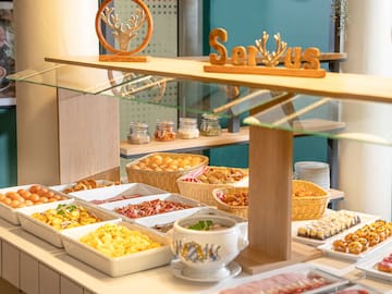 a buffet with food on it
