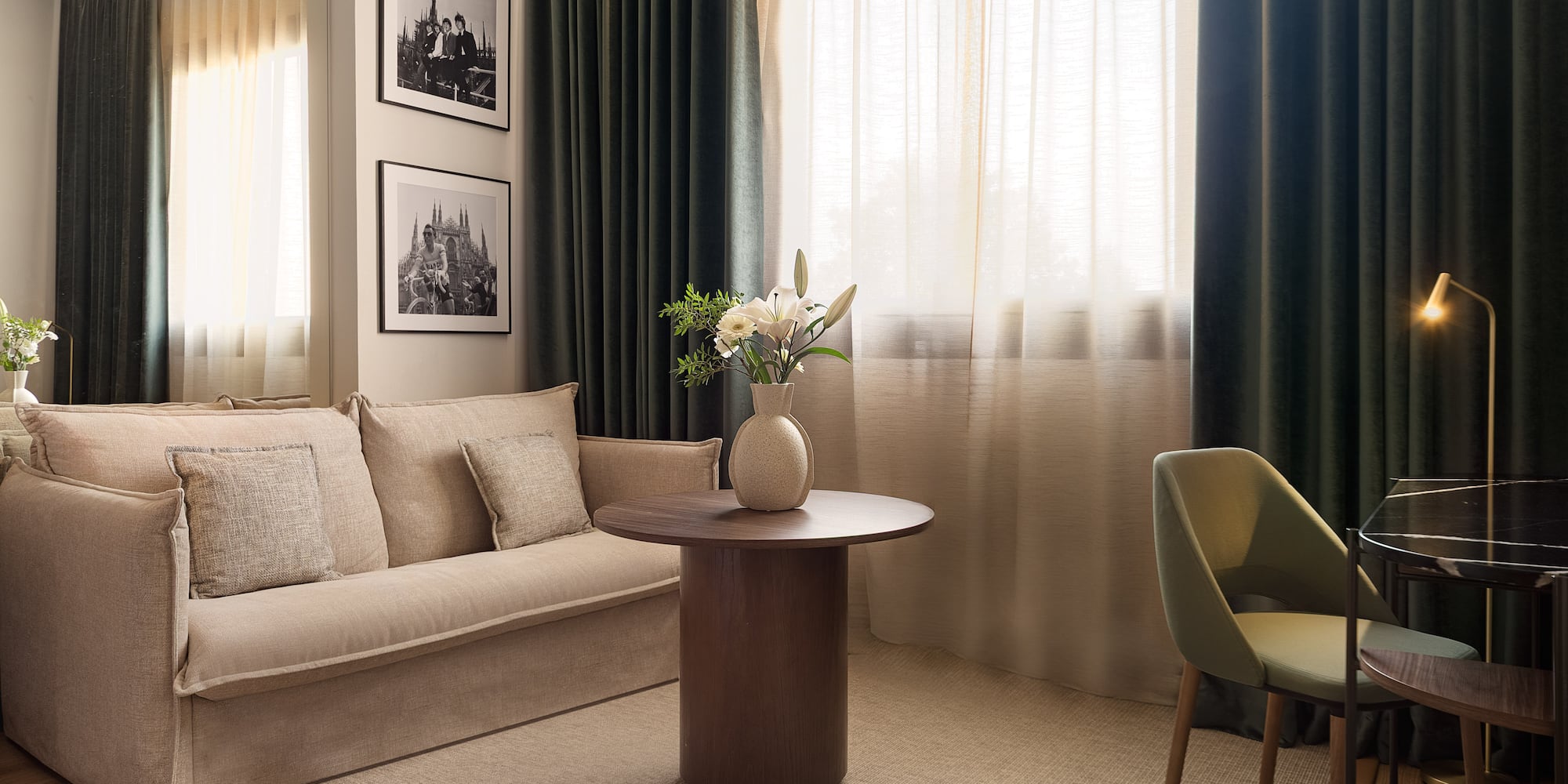 a living room with a couch and a table