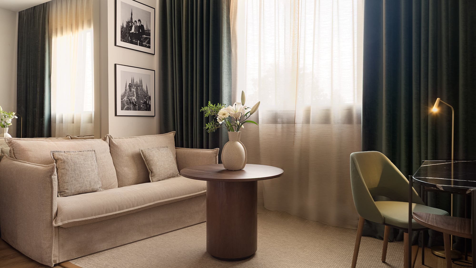 a living room with a couch and a table