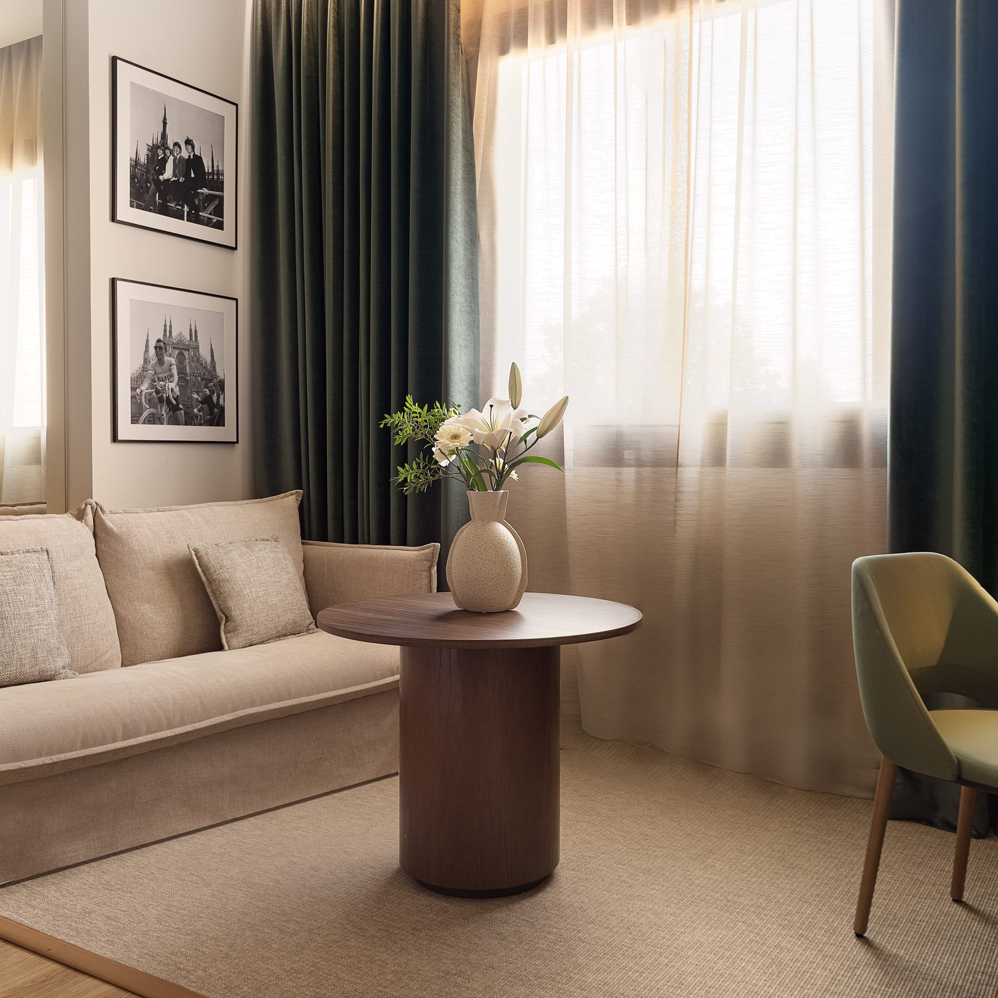 a living room with a couch and a table