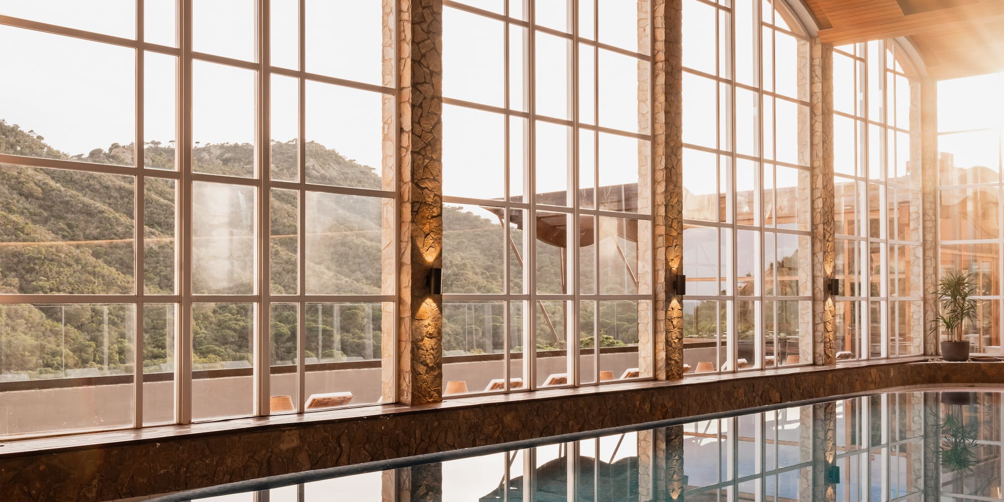 a pool with large windows