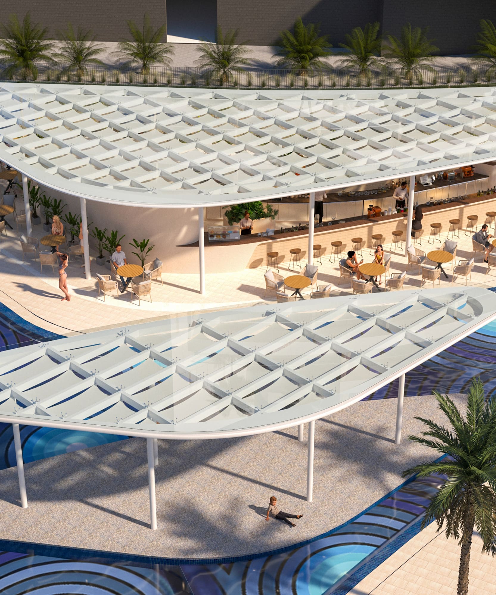 a pool with a white structure and people sitting around it