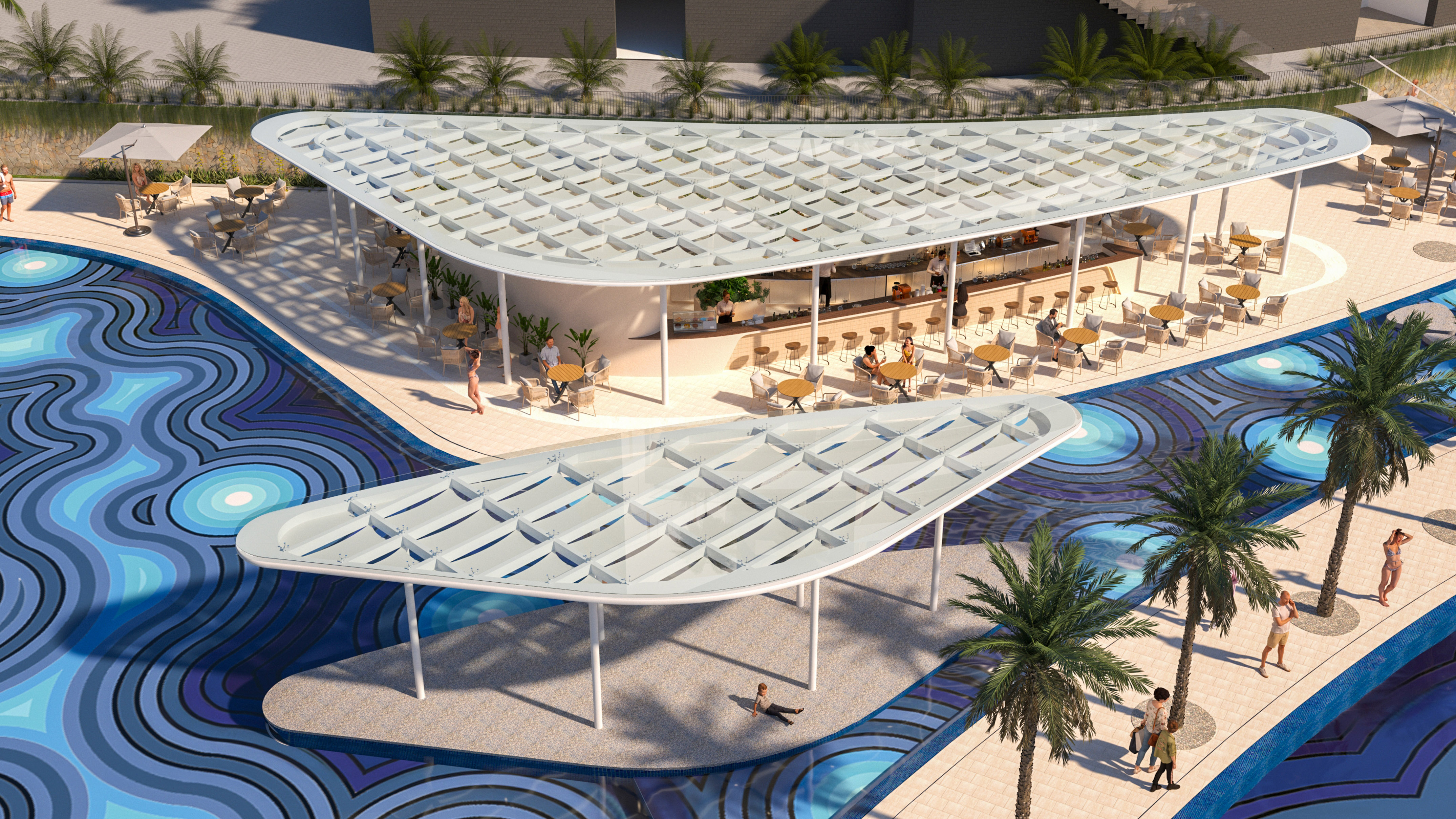 Modern resort pool bar and outdoor dining by a vibrant patterned swimming pool.